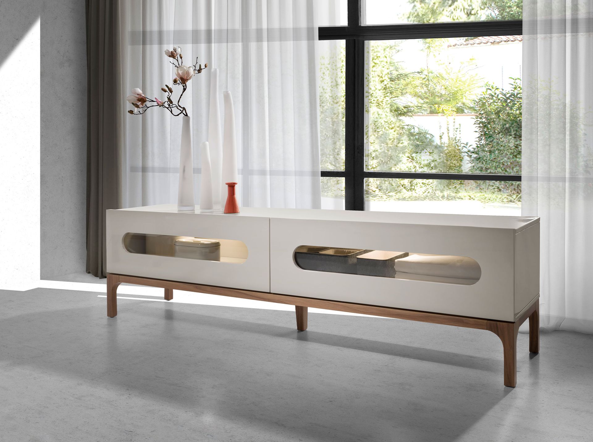 Grey and walnut wood TV stand with interior lighting