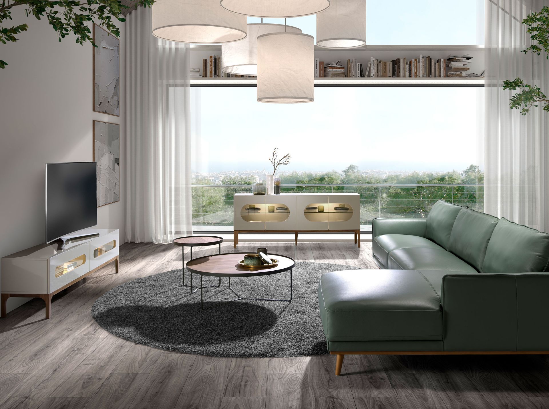Grey and walnut wood TV stand with interior lighting
