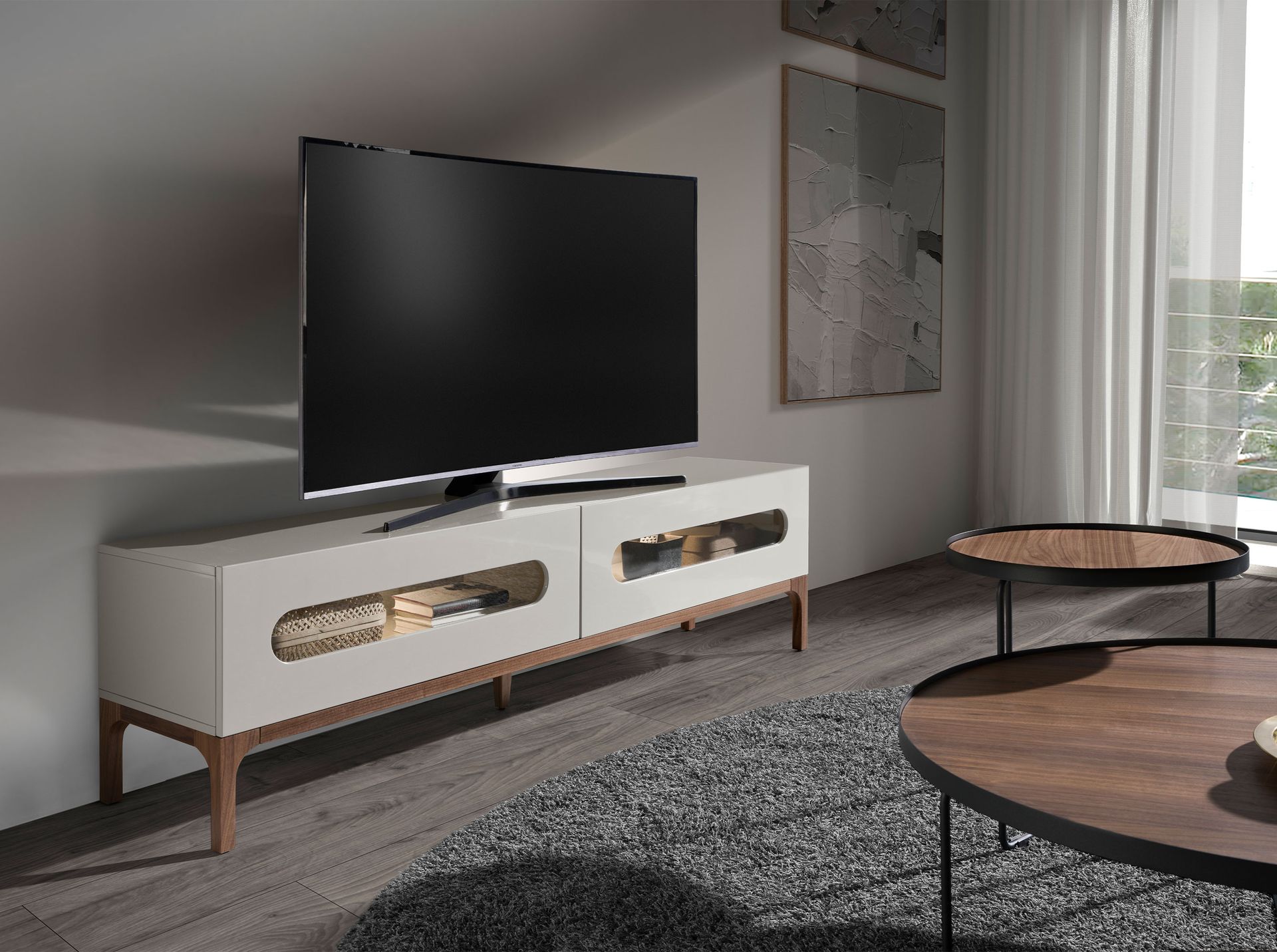 Grey and walnut wood TV stand with interior lighting