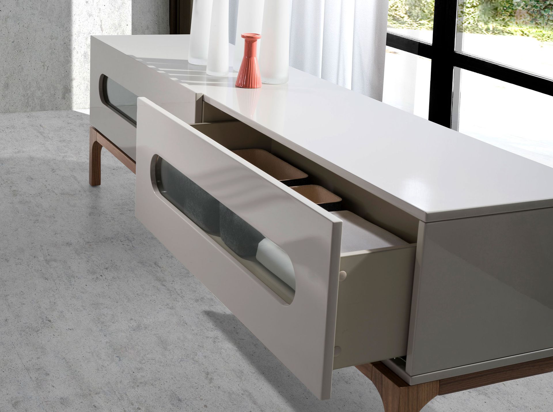 Grey and walnut wood TV stand with interior lighting