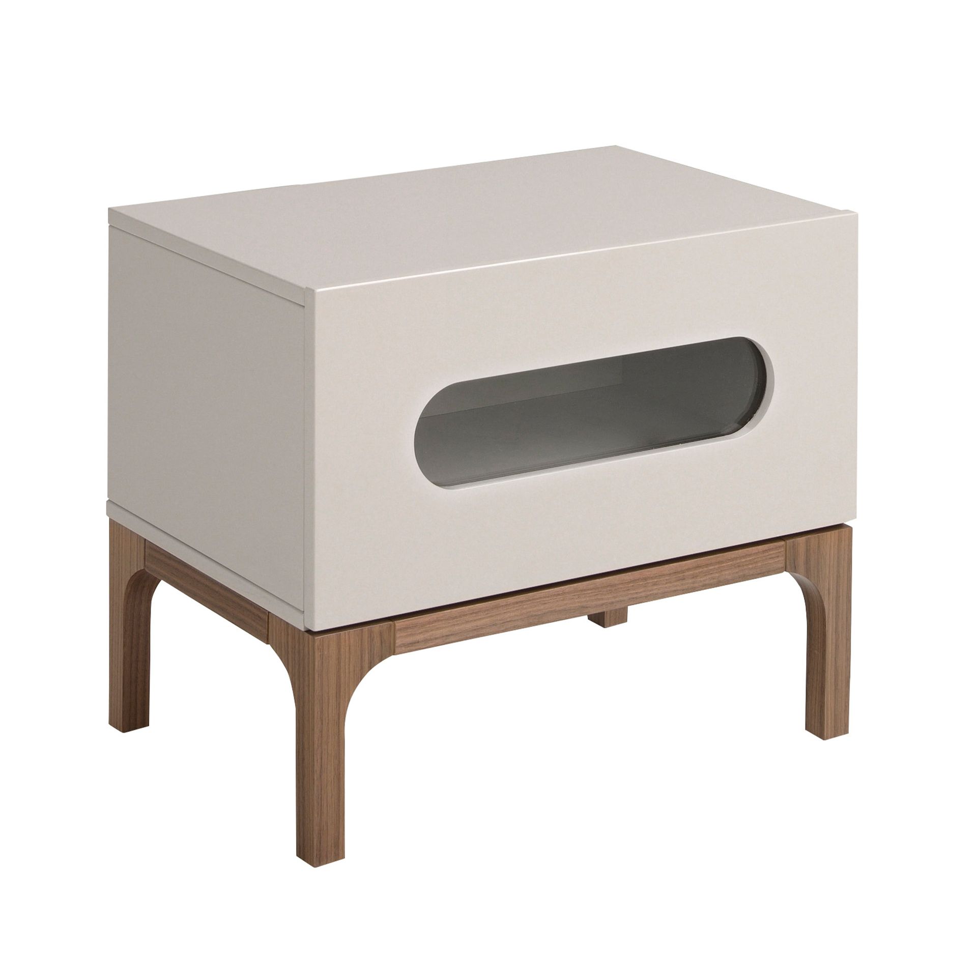 Grey and walnut wood bedside table with interior lighting