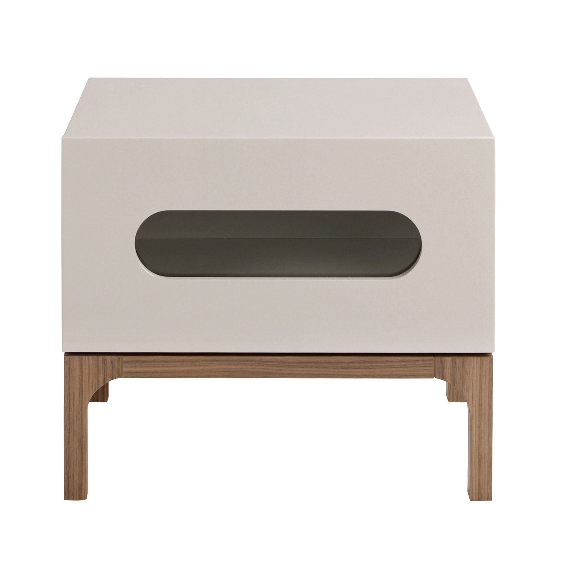 Grey and walnut wood bedside table with interior lighting
