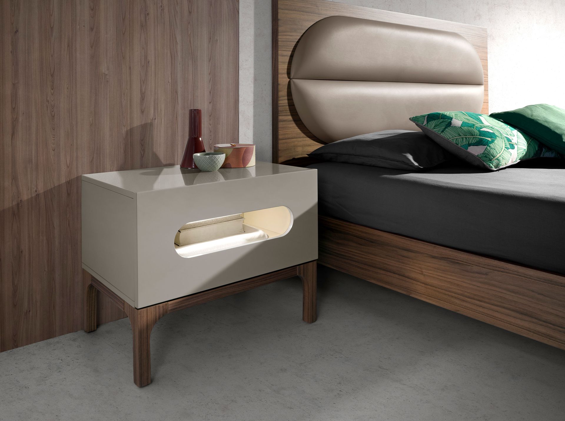 Grey and walnut wood bedside table with interior lighting