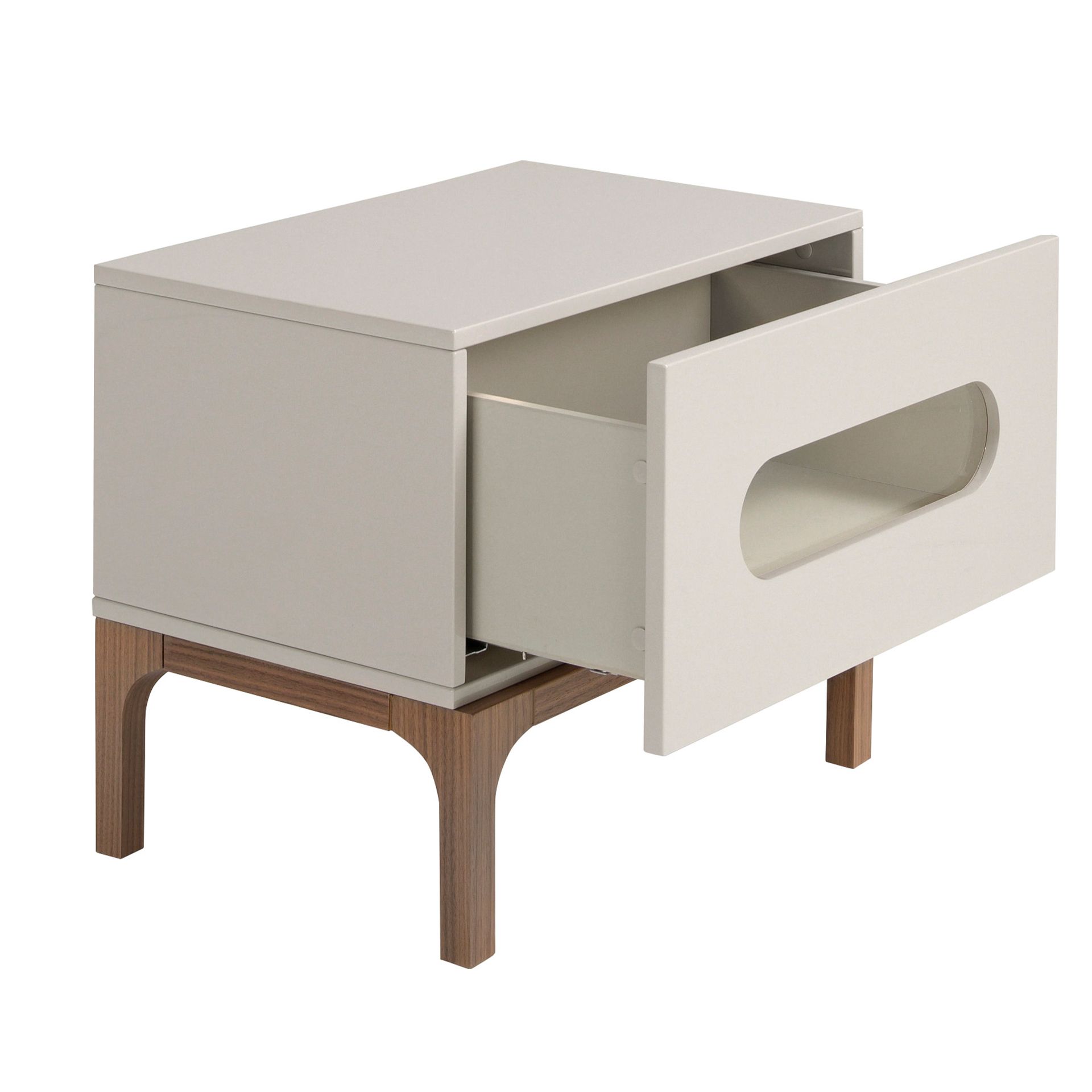 Grey and walnut wood bedside table with interior lighting
