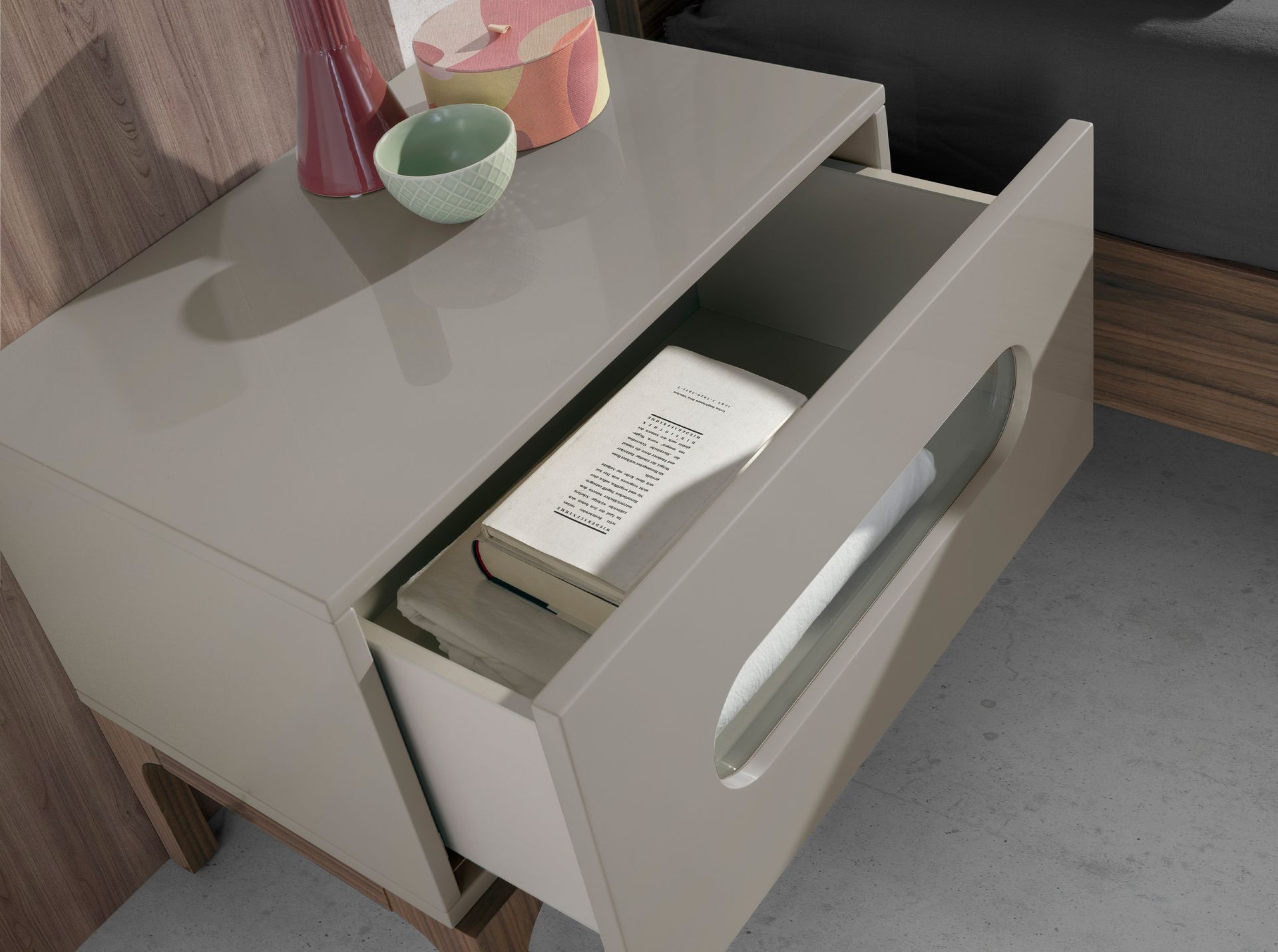 Grey and walnut wood bedside table with interior lighting