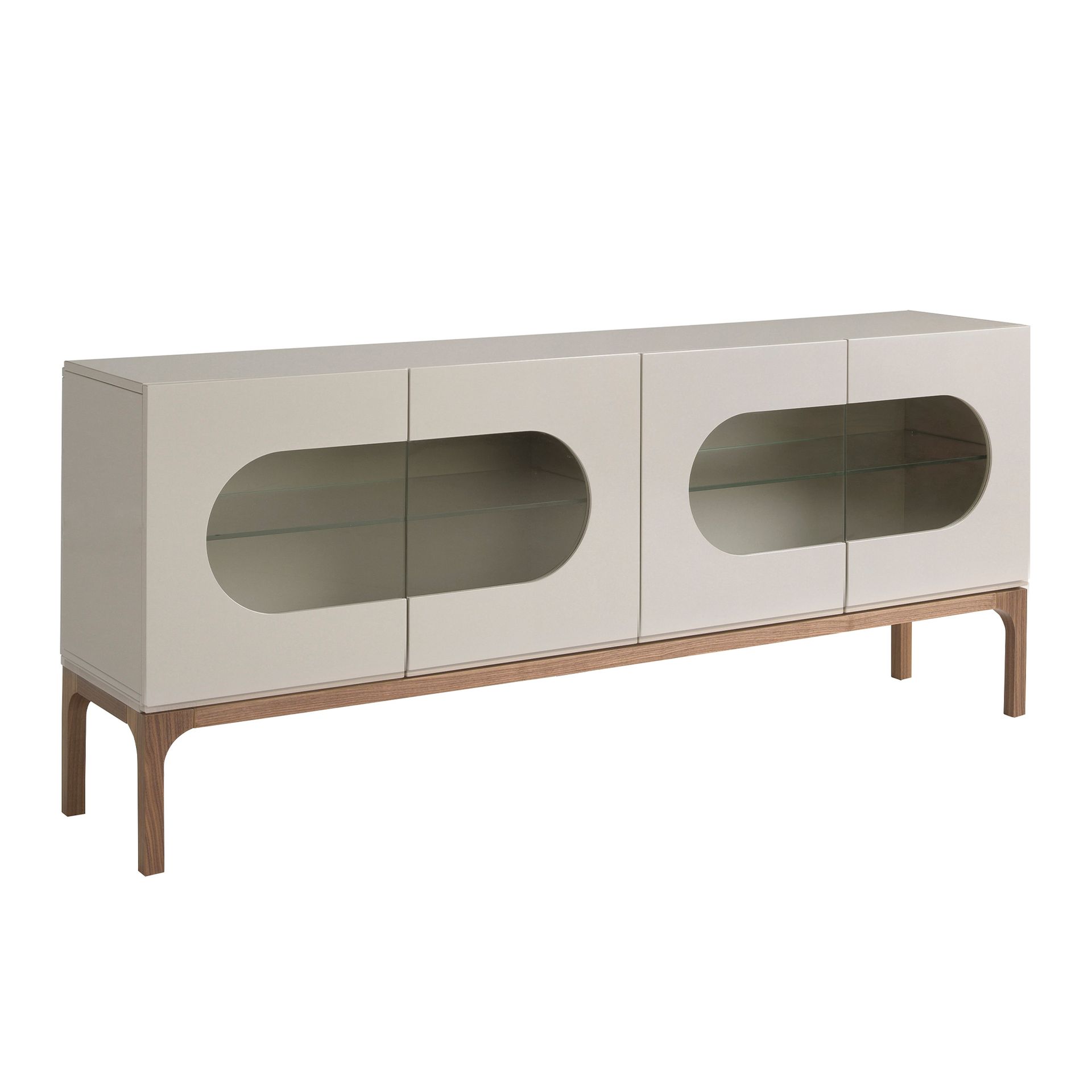 Grey and walnut wood sideboard with interior lighting