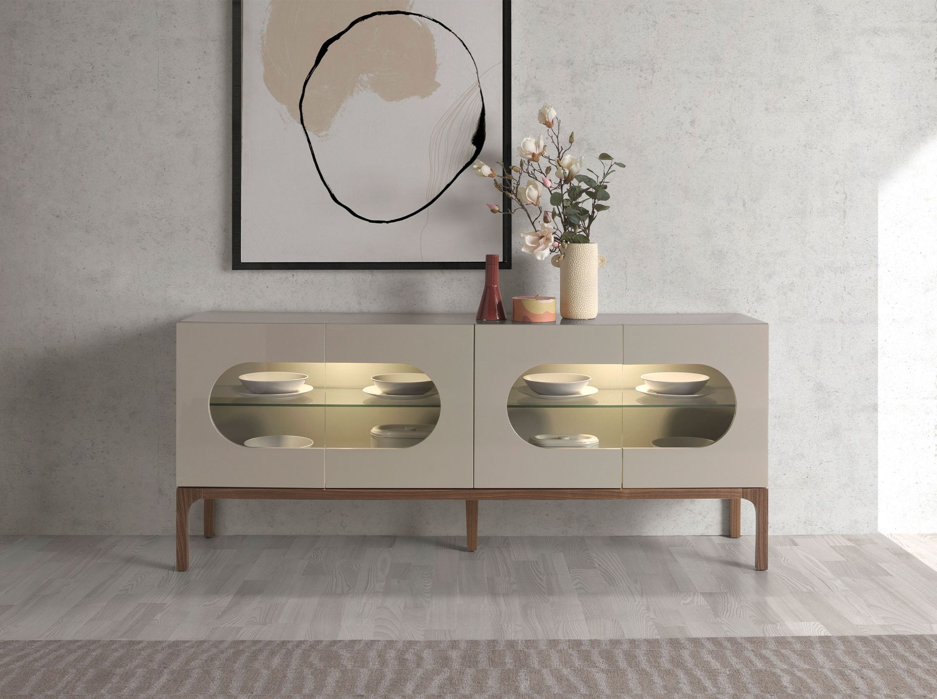 Grey and walnut wood sideboard with interior lighting