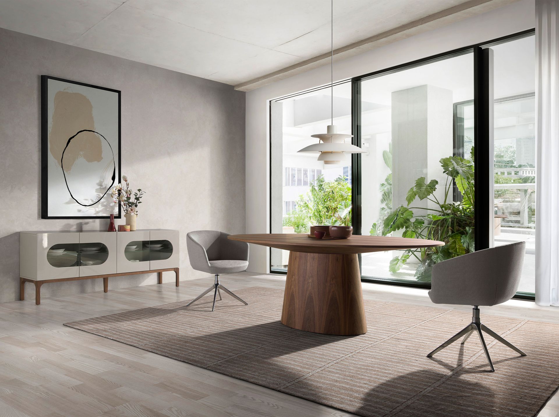 Grey and walnut wood sideboard with interior lighting