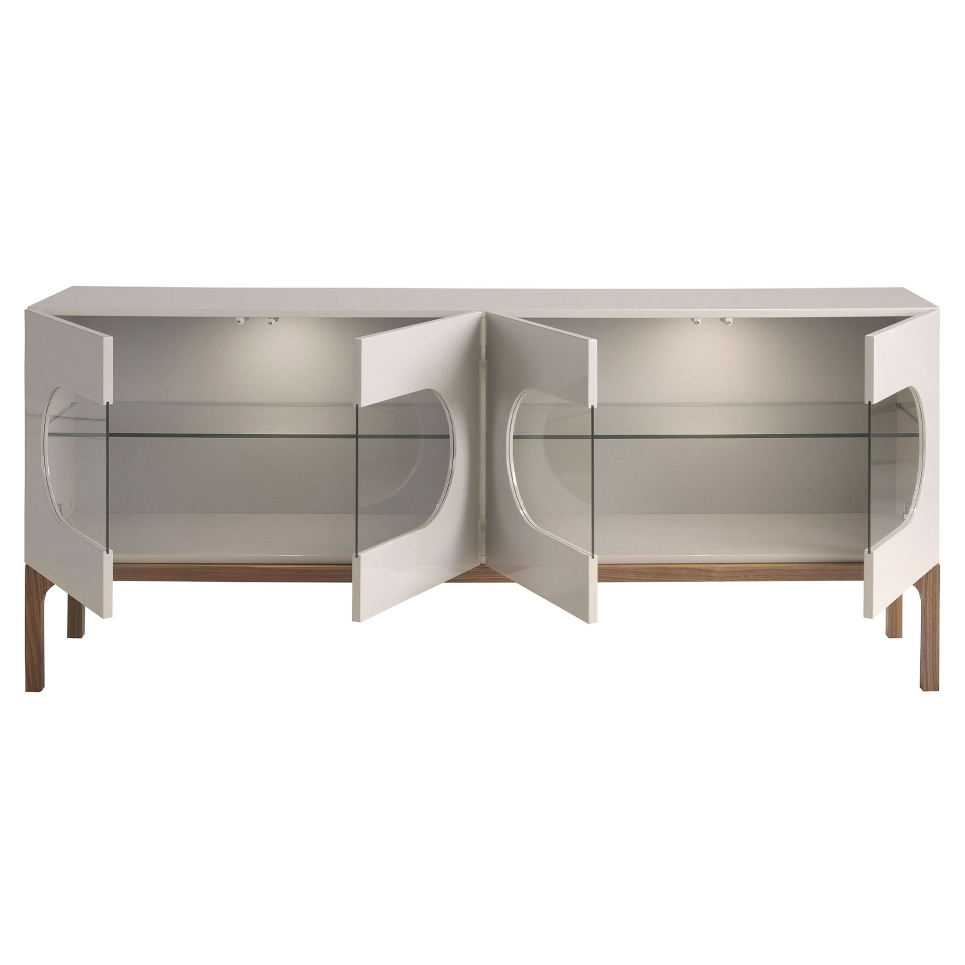 Grey and walnut wood sideboard with interior lighting