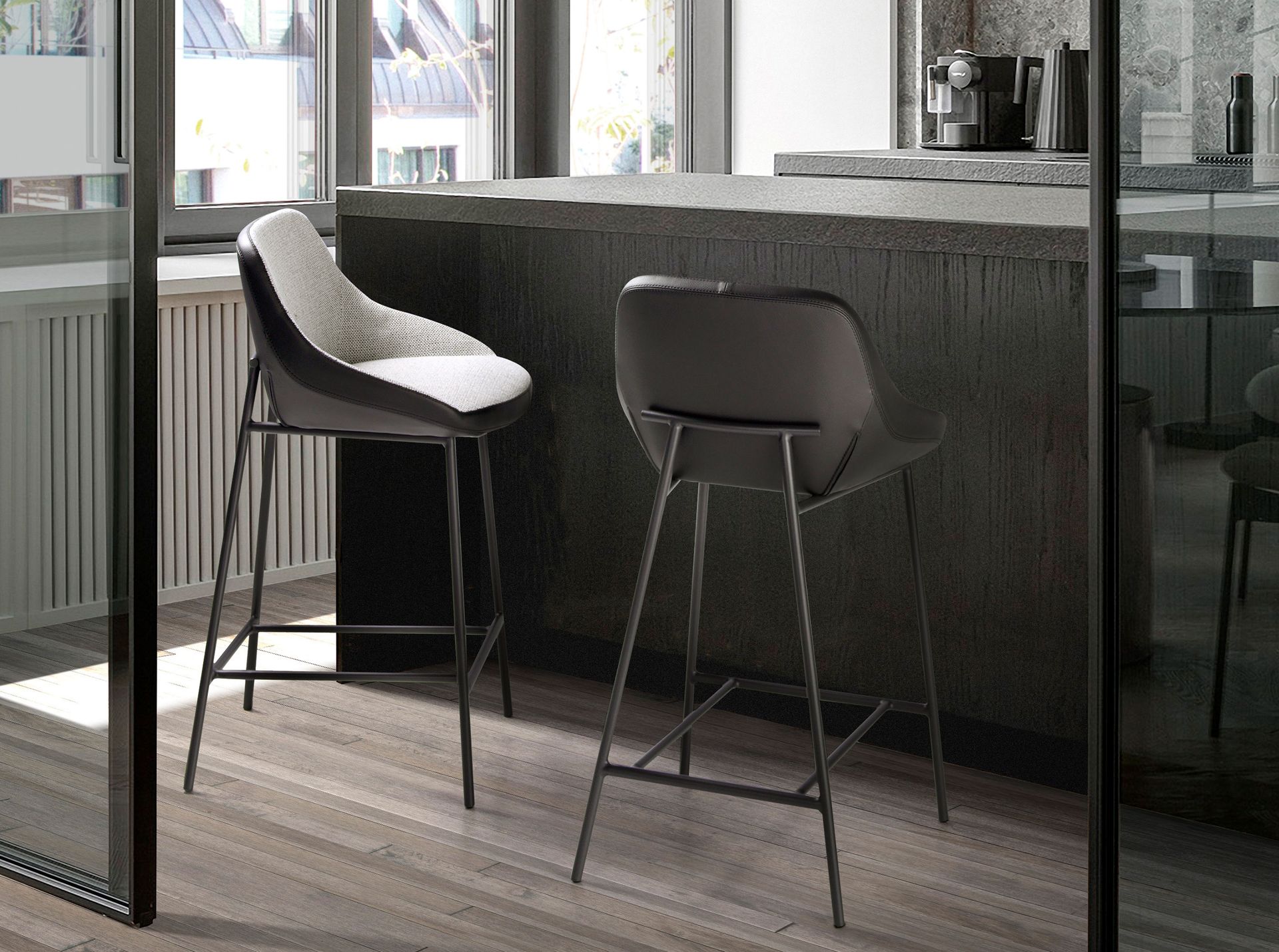 Grey fabric and black leatherette stool