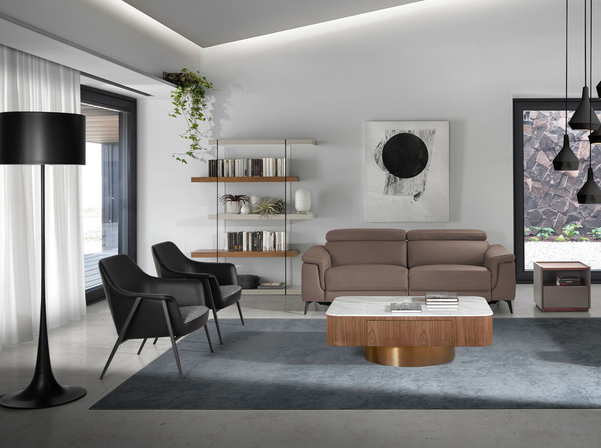 Grey fabric and black leatherette swivel armchair