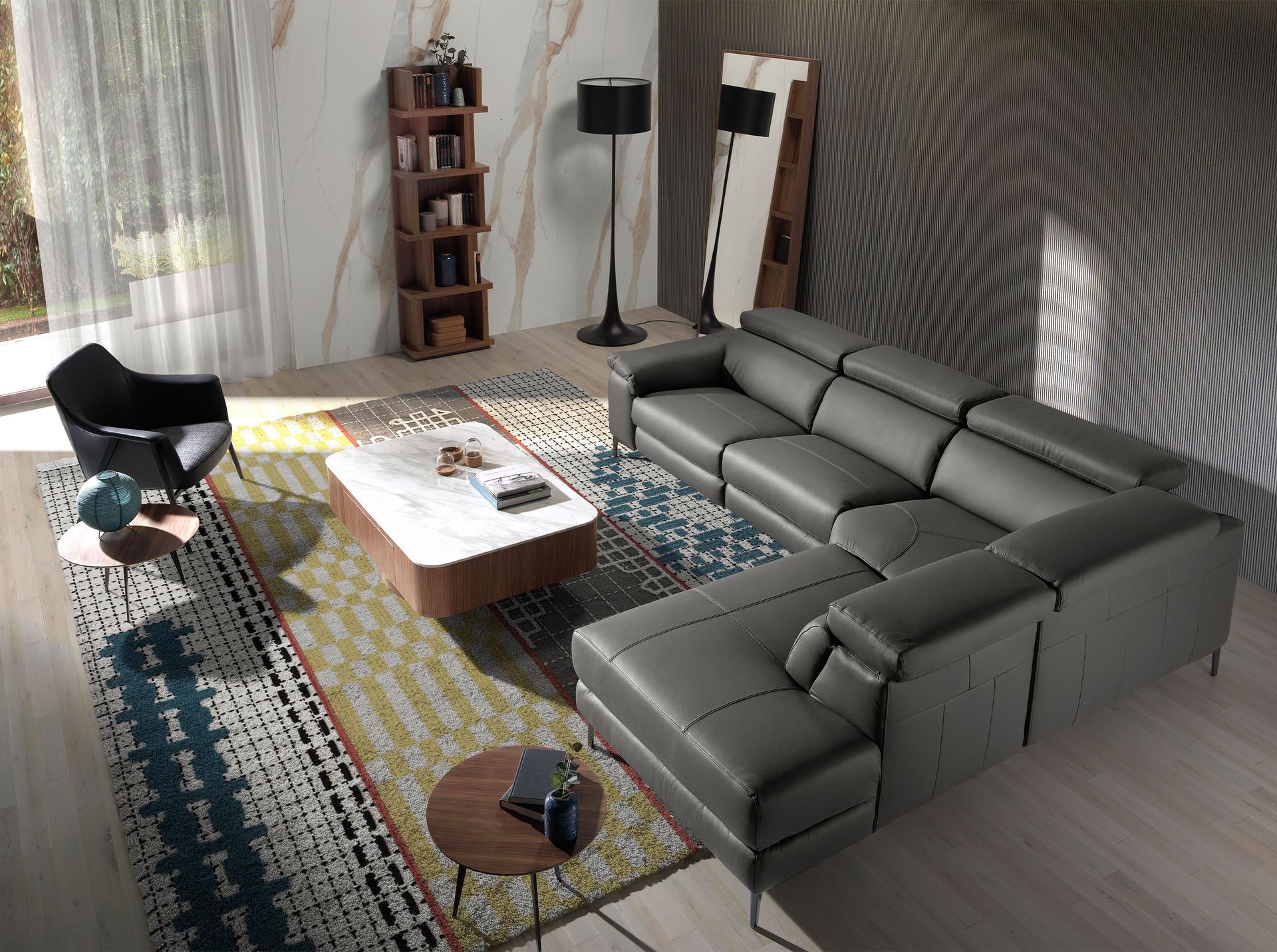 Grey fabric and black leatherette swivel armchair