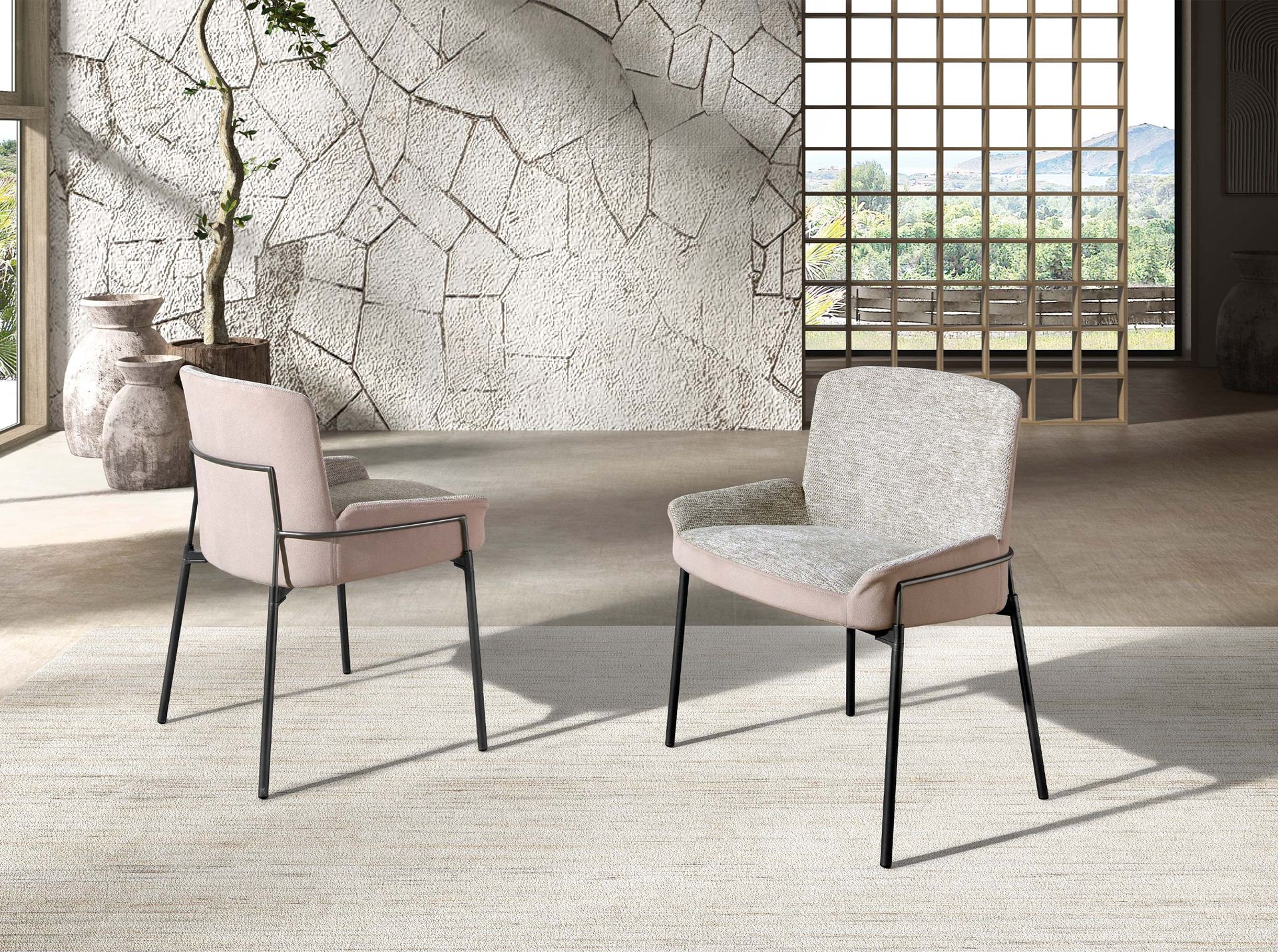 Grey fabric and brown velvet chair