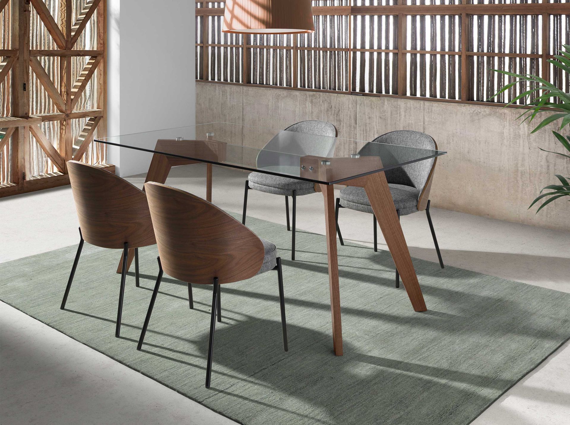 Grey fabric and walnut chair