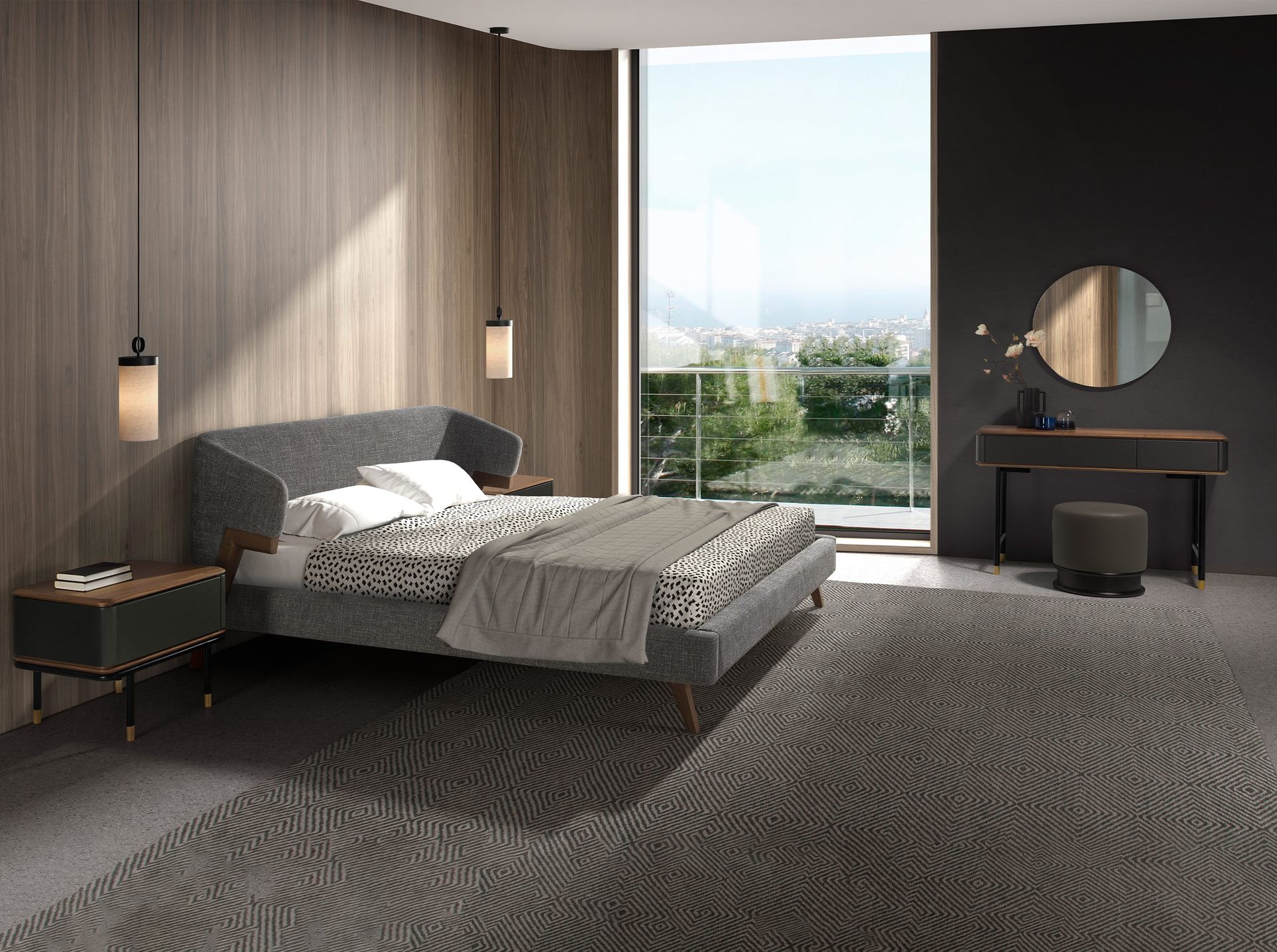 Grey fabric bed