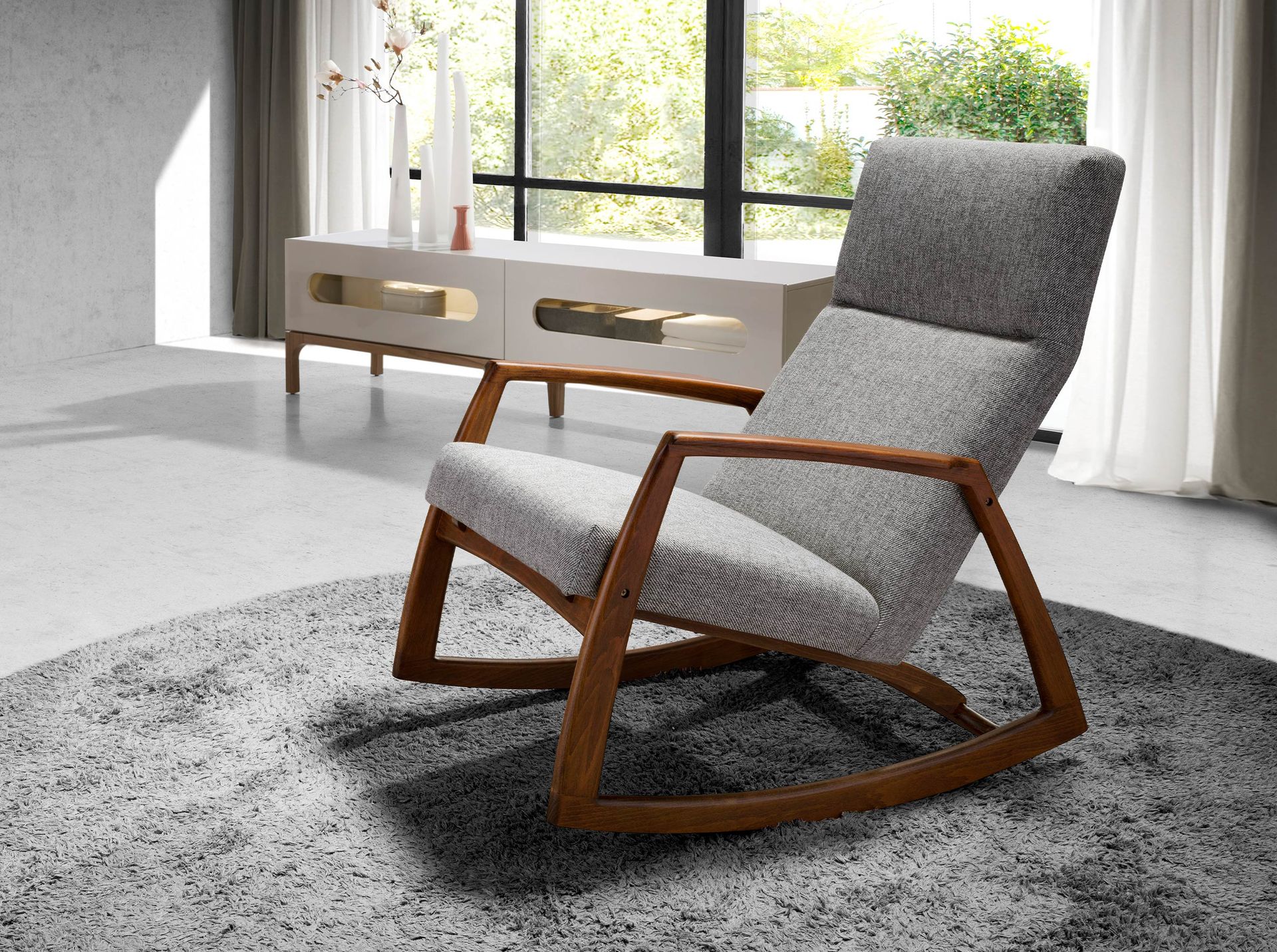 Grey fabric rocking chair