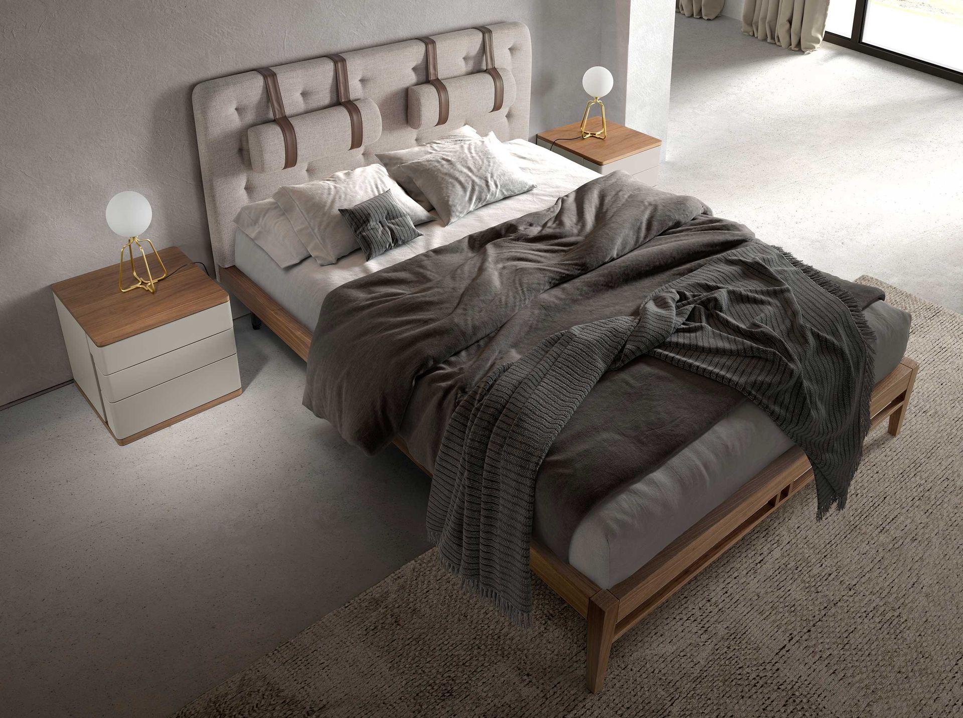 Grey fabric tufted bed