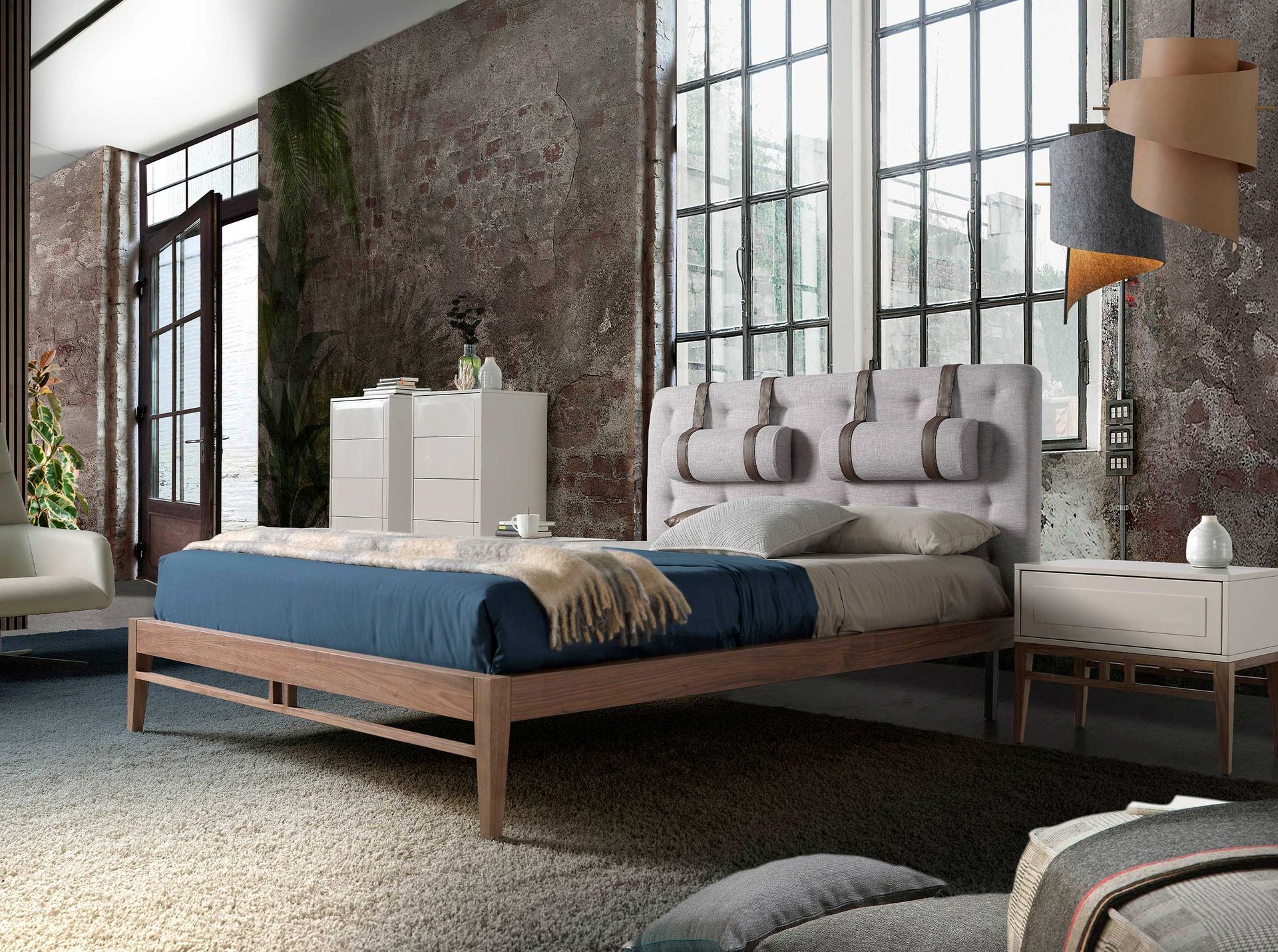 Grey fabric tufted bed