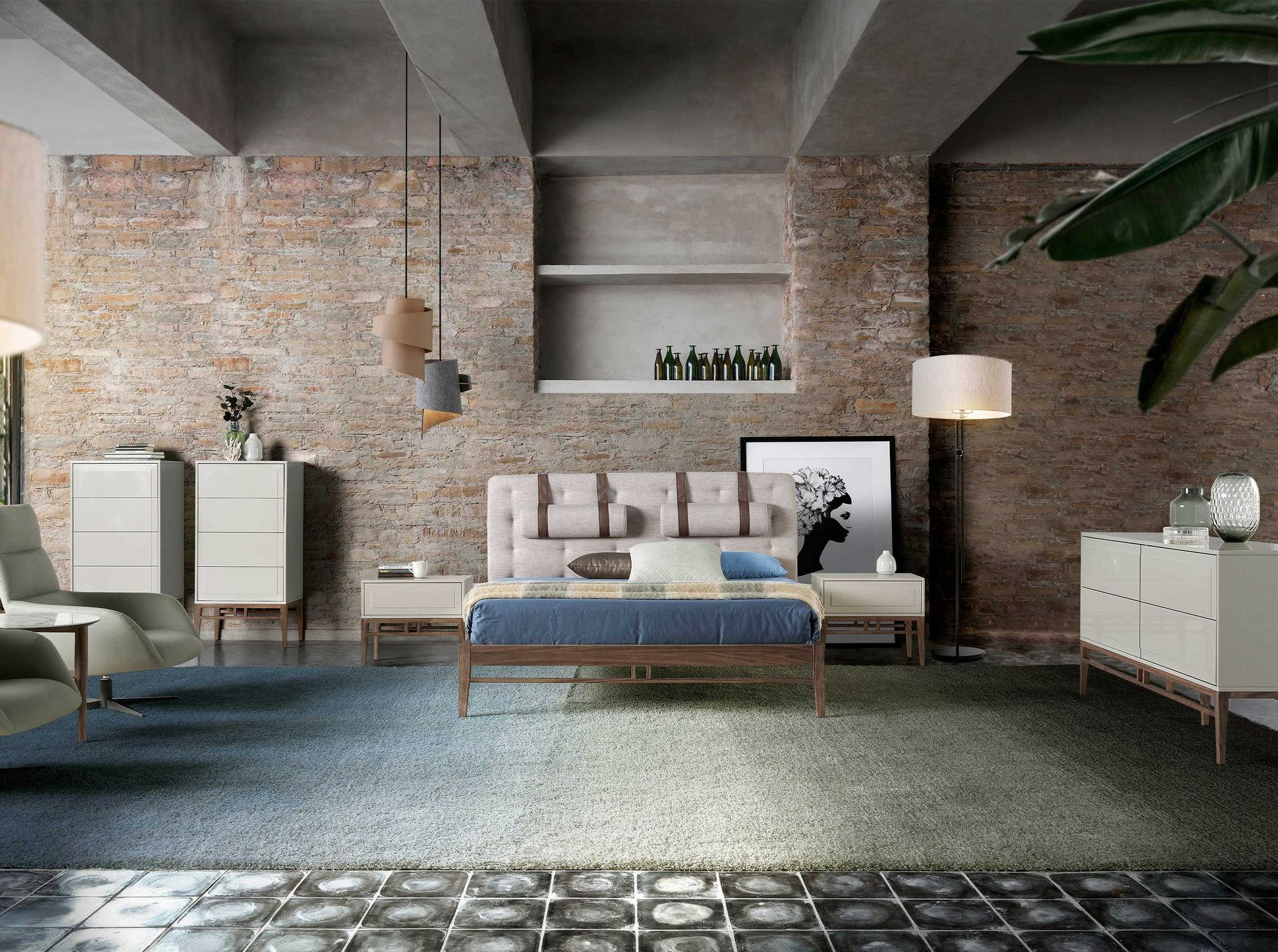 Grey fabric tufted bed