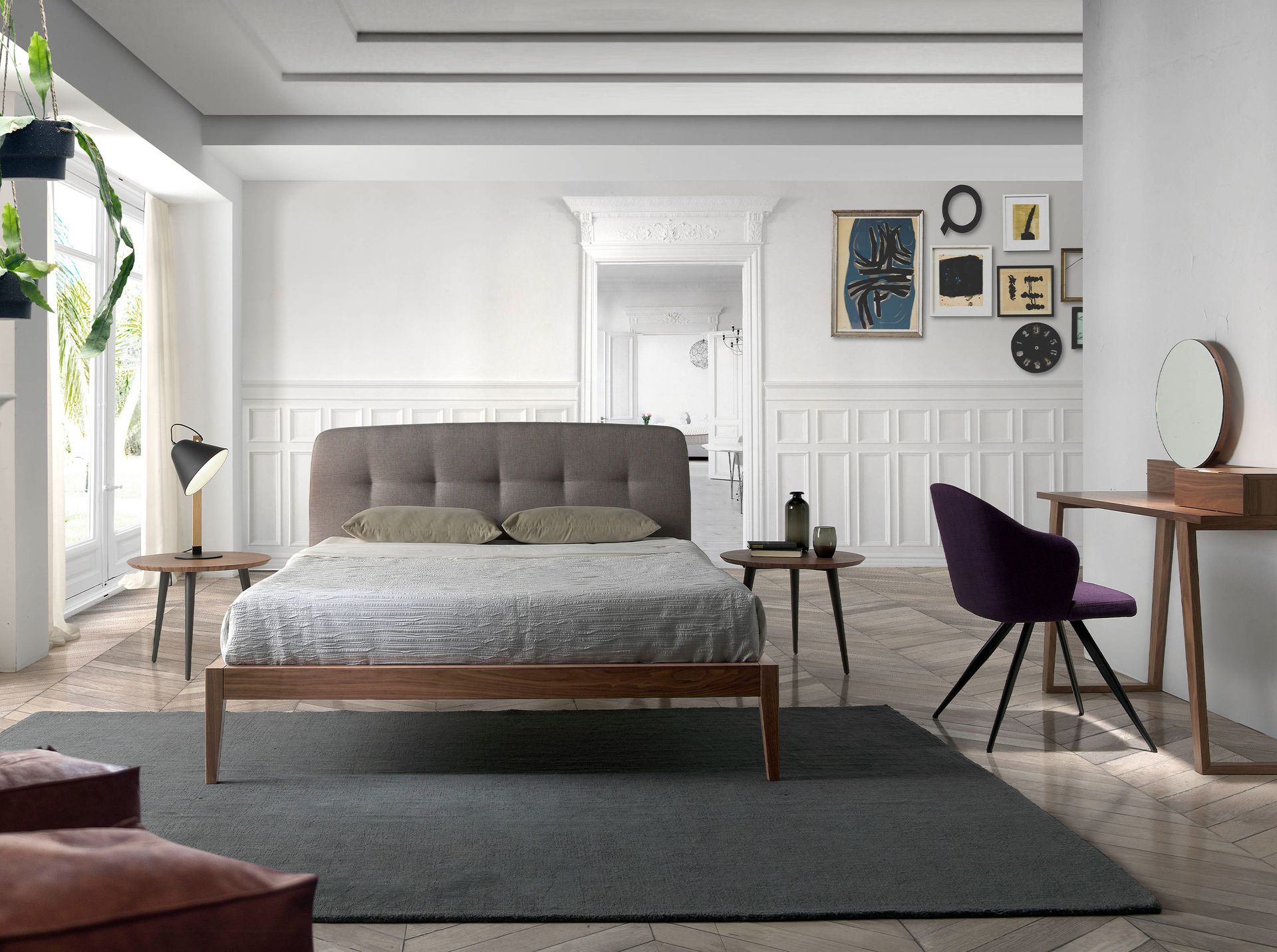 Grey fabric tufted bed