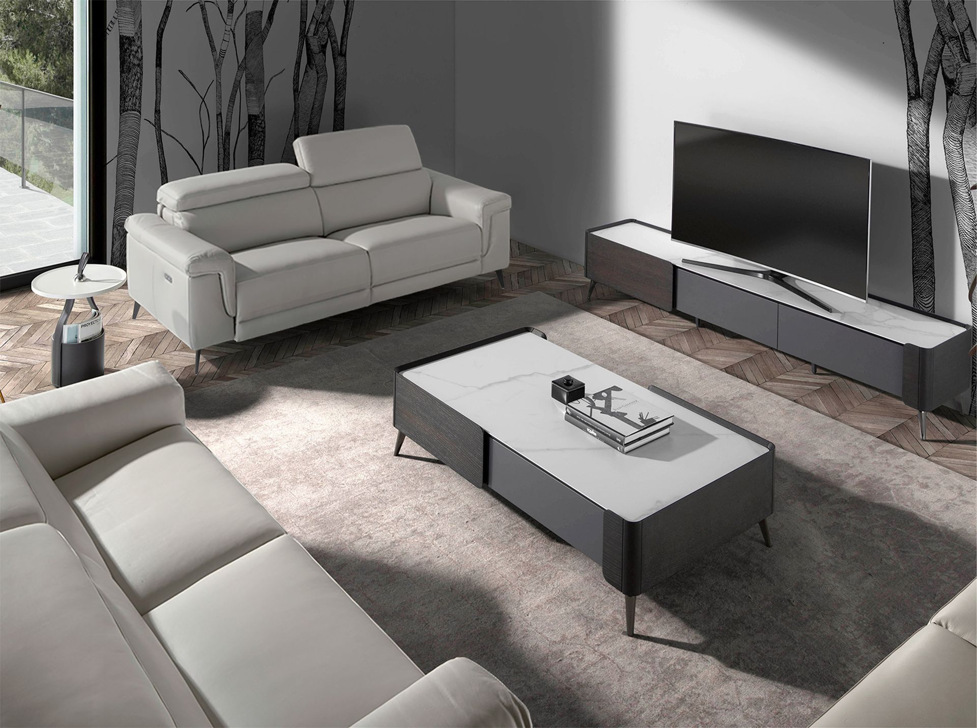 Grey leather 3-seater sofa