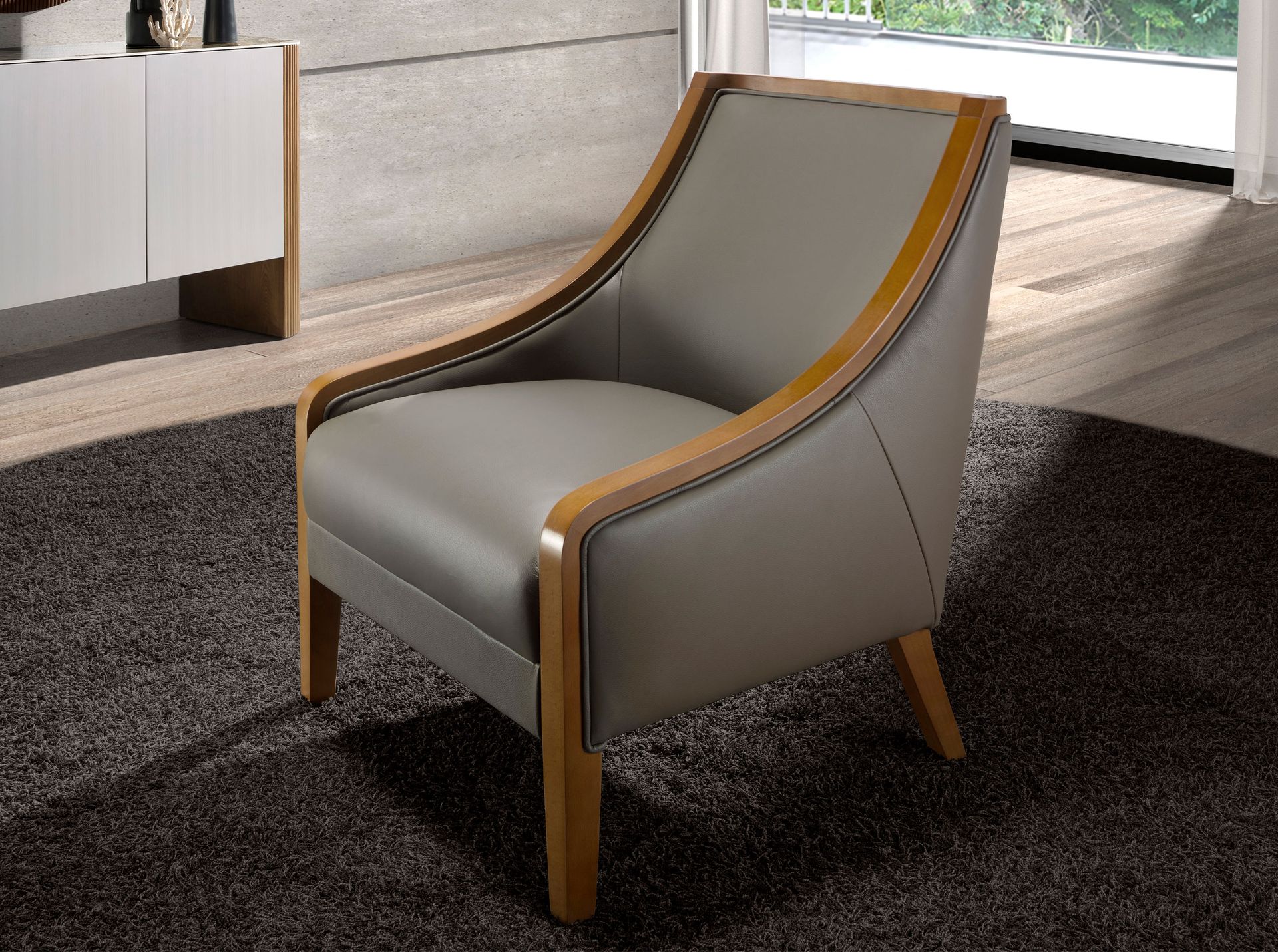 Grey leather armchair