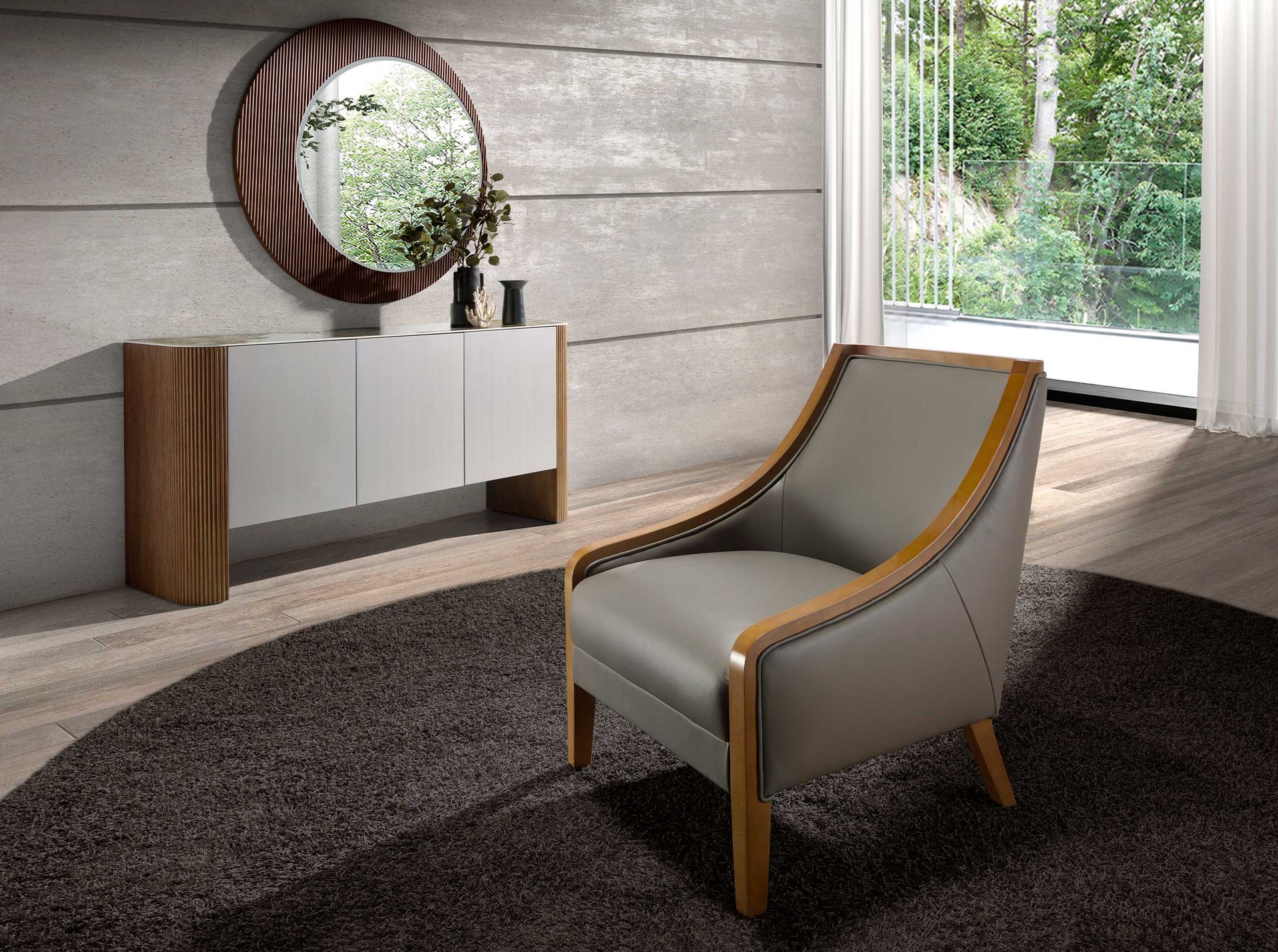 Grey leather armchair