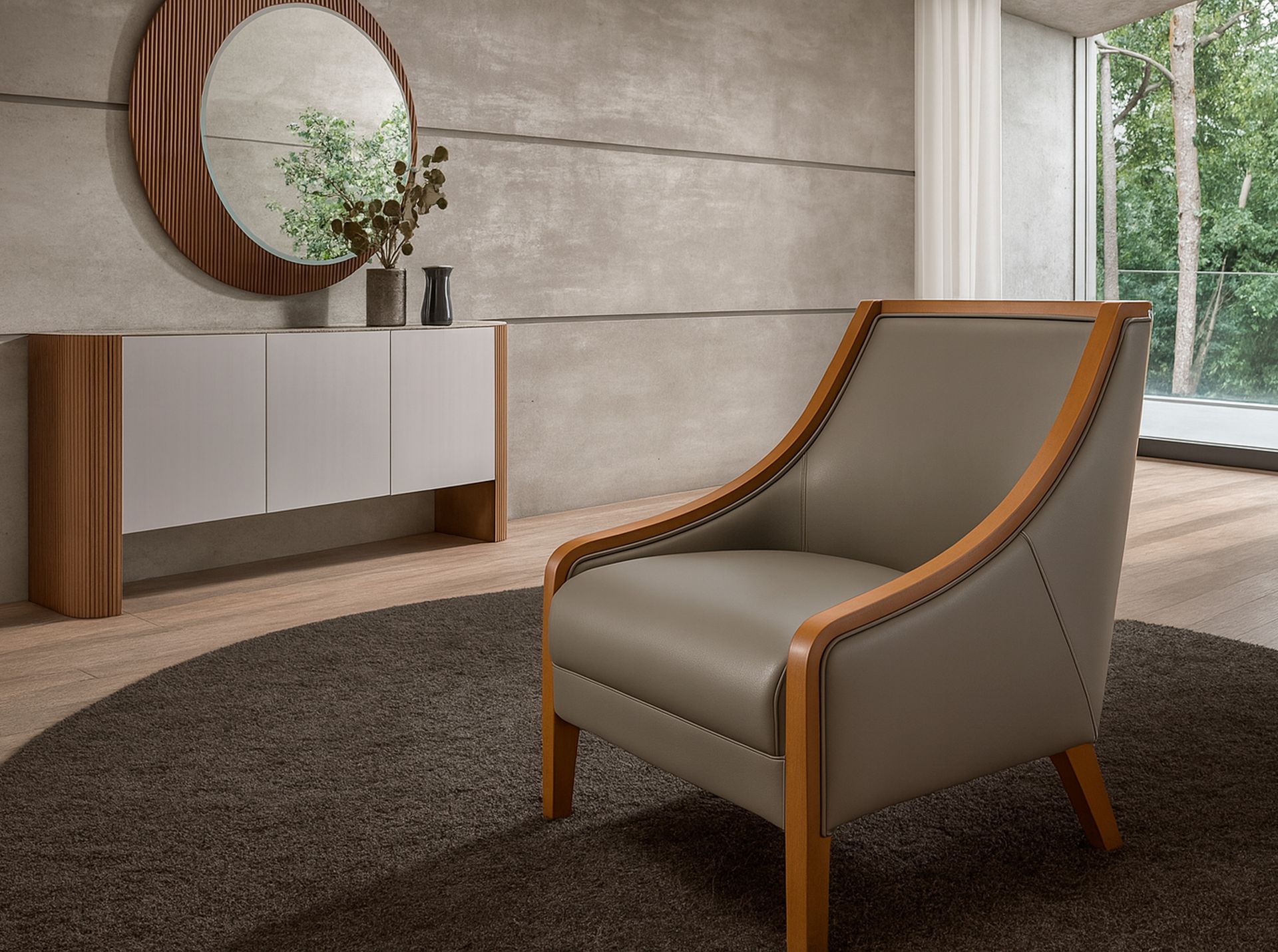 Grey leather armchair