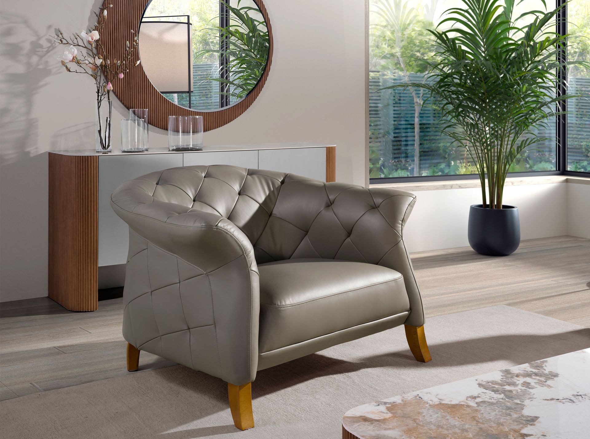 Grey leather armchair