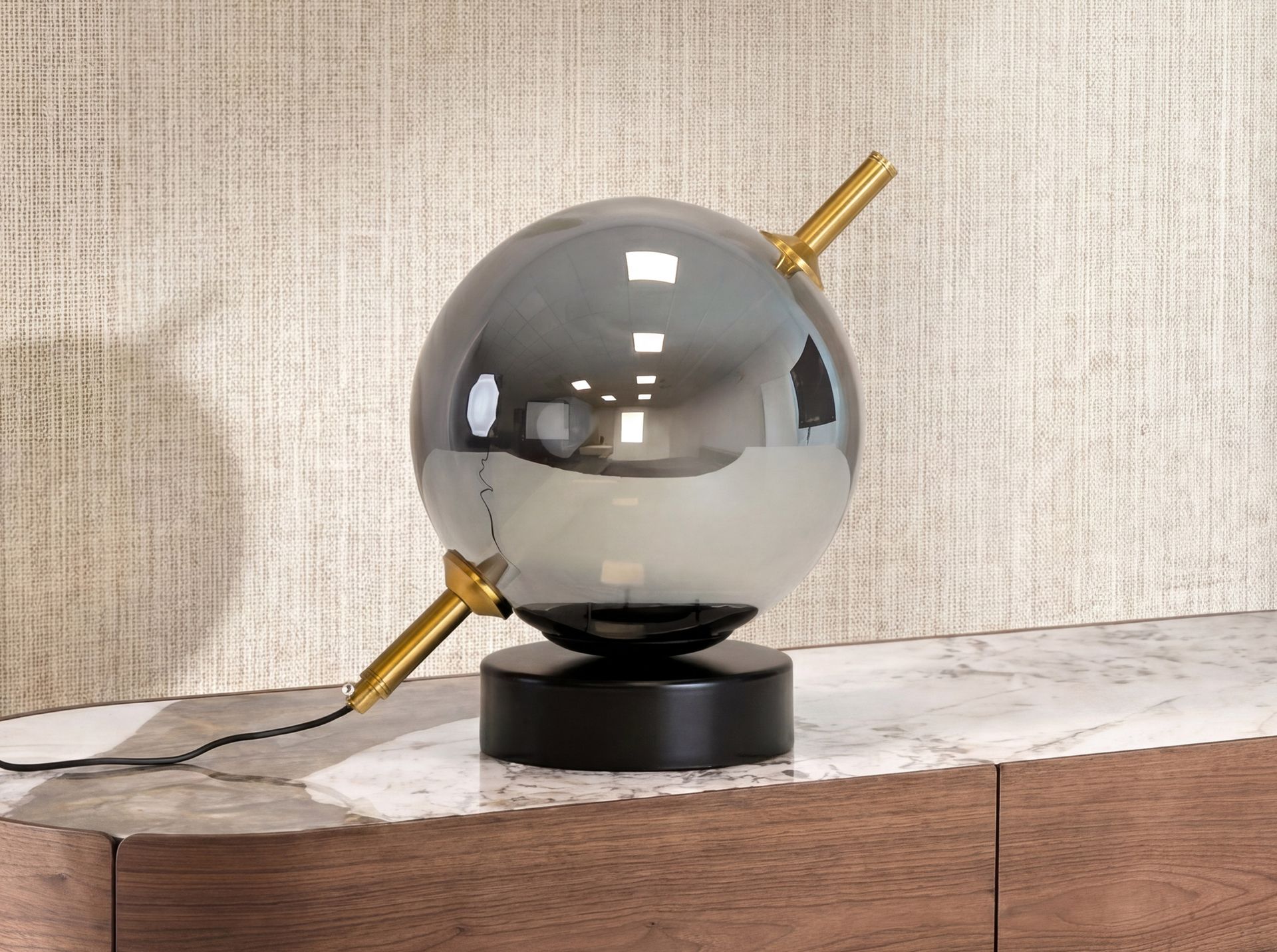 Grey smoked mirror-effect glass and black steel table lamp