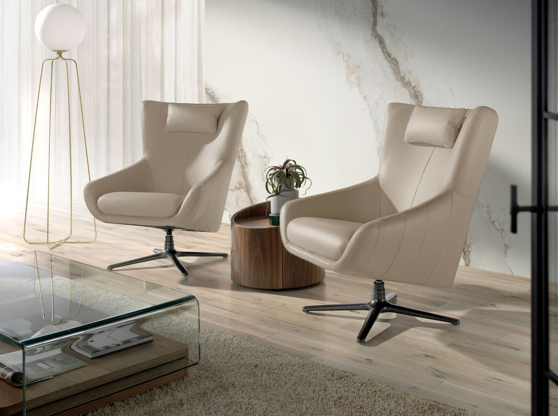Grey taupe leather swivel armchair