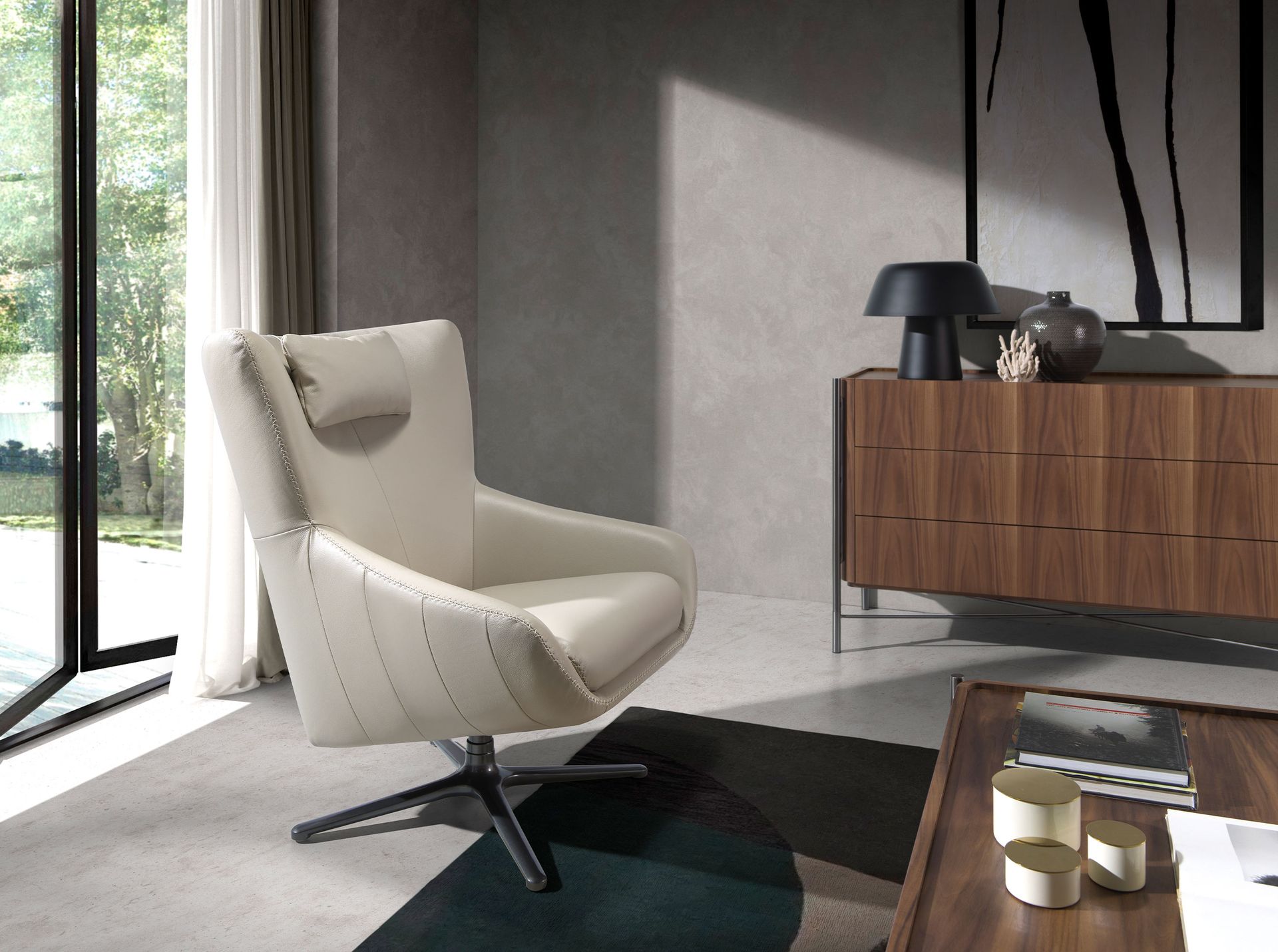 Grey taupe leather swivel armchair