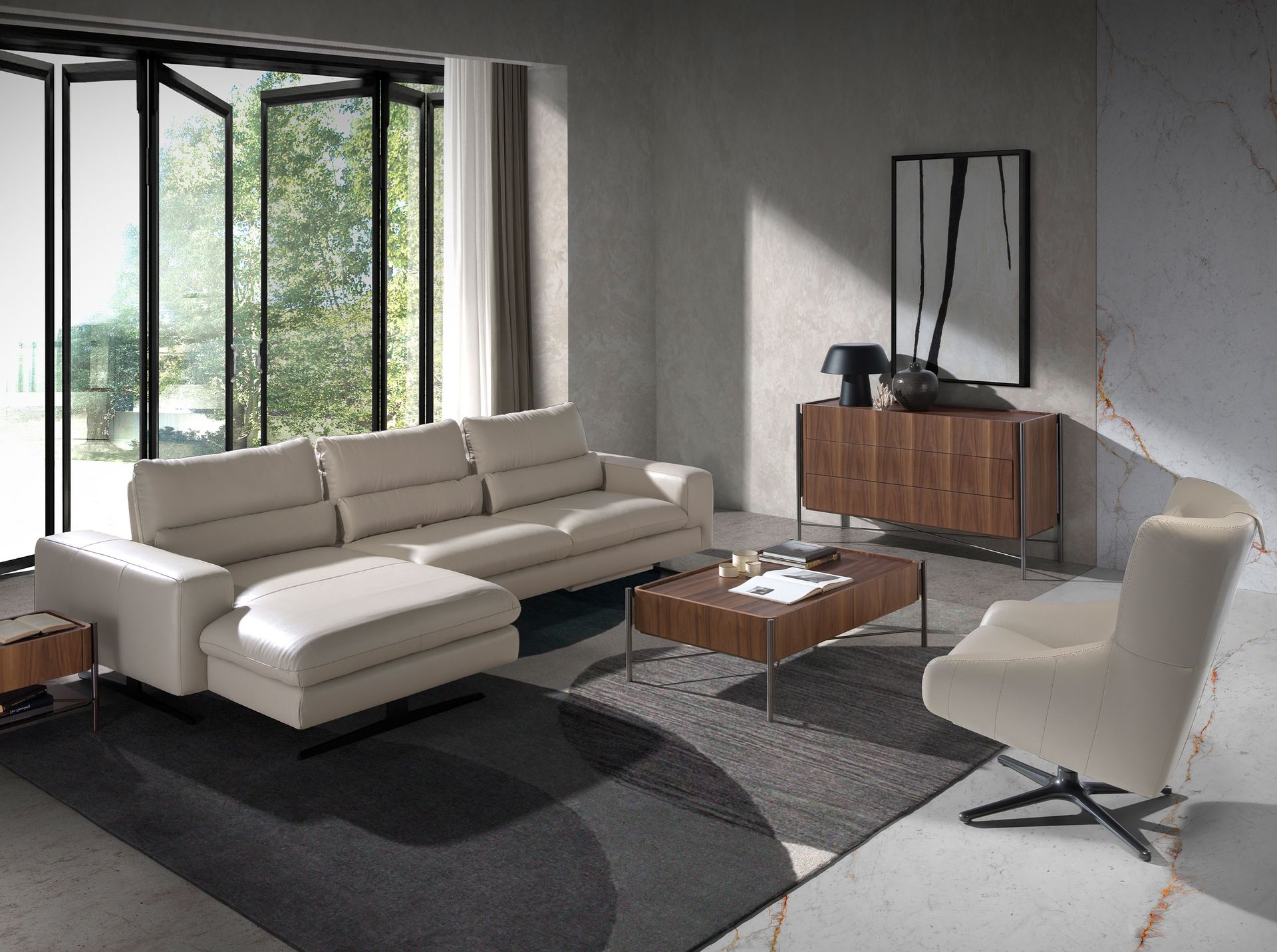 Grey taupe leather swivel armchair