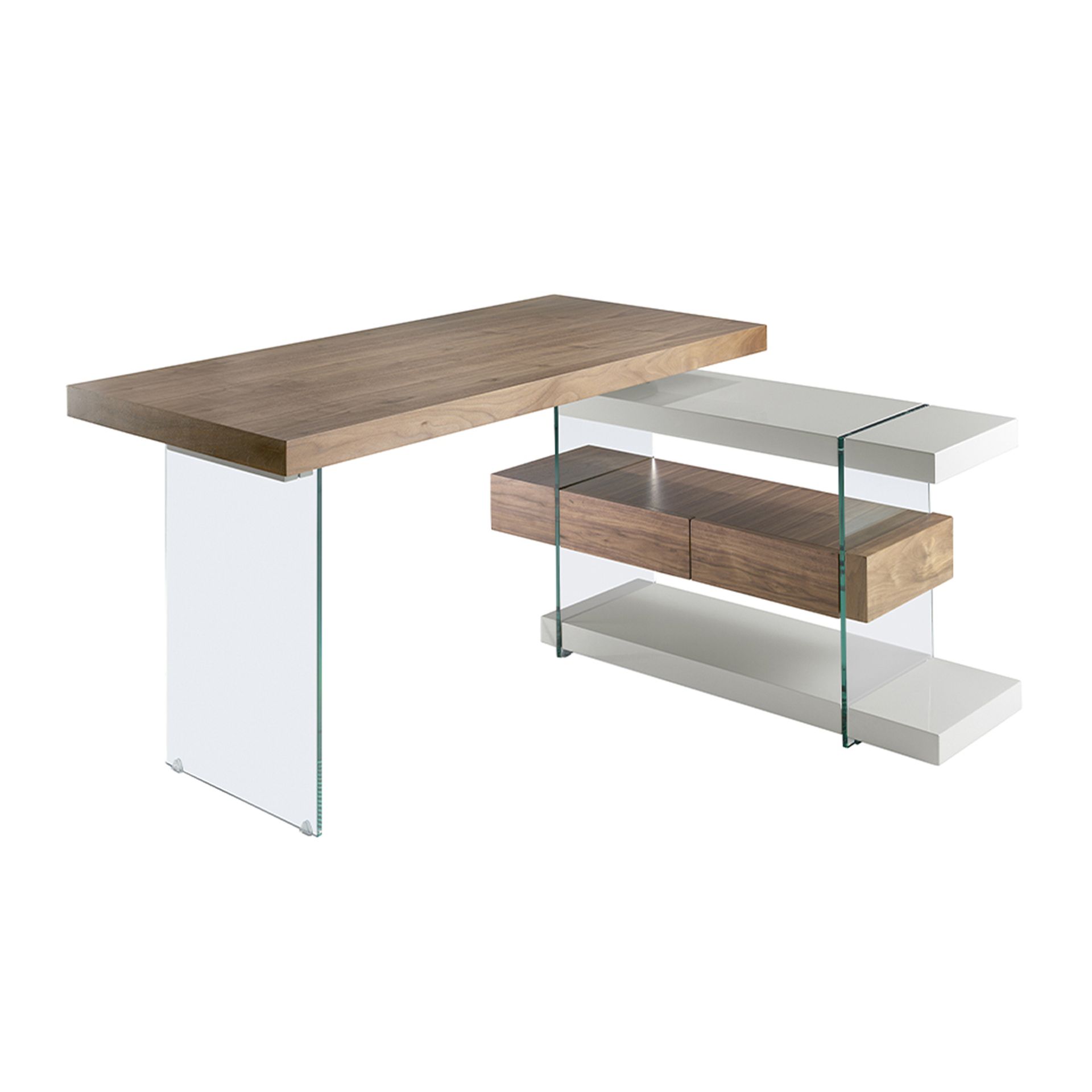 Grey wood and tempered glass writing desk with walnut top