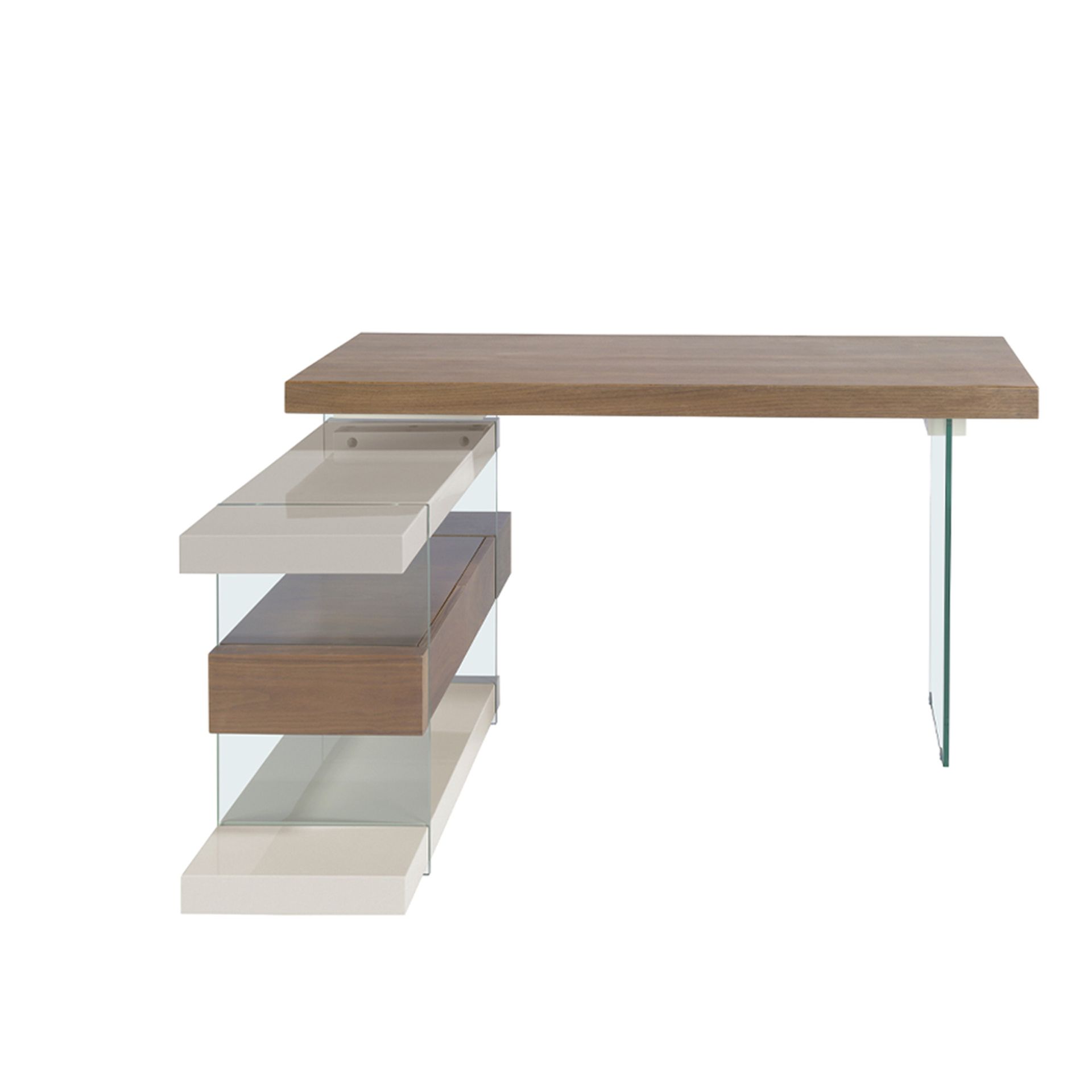 Grey wood and tempered glass writing desk with walnut top
