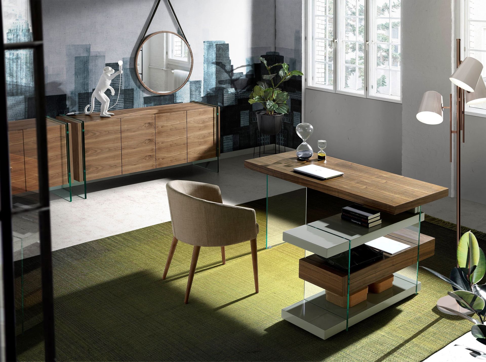 Grey wood and tempered glass writing desk with walnut top