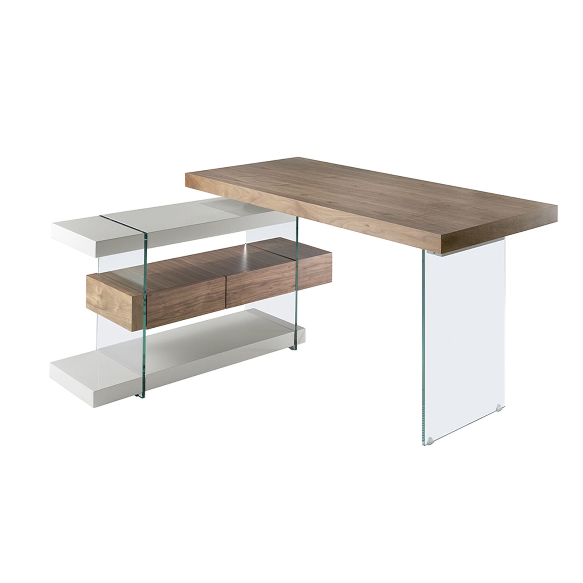 Grey wood and tempered glass writing desk with walnut top