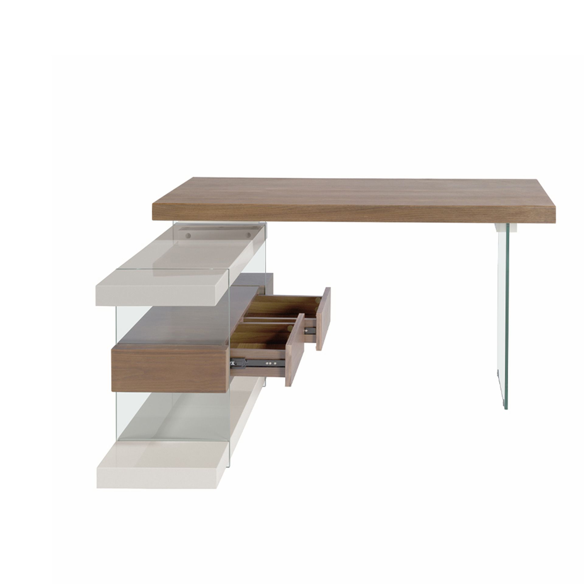 Grey wood and tempered glass writing desk with walnut top
