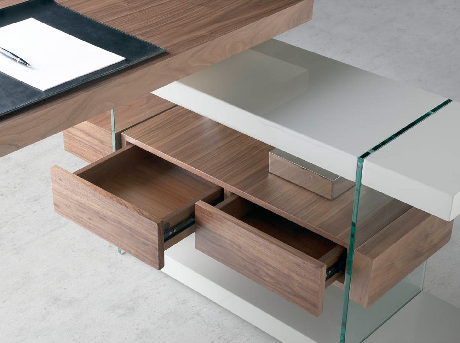 Grey wood and tempered glass writing desk with walnut top