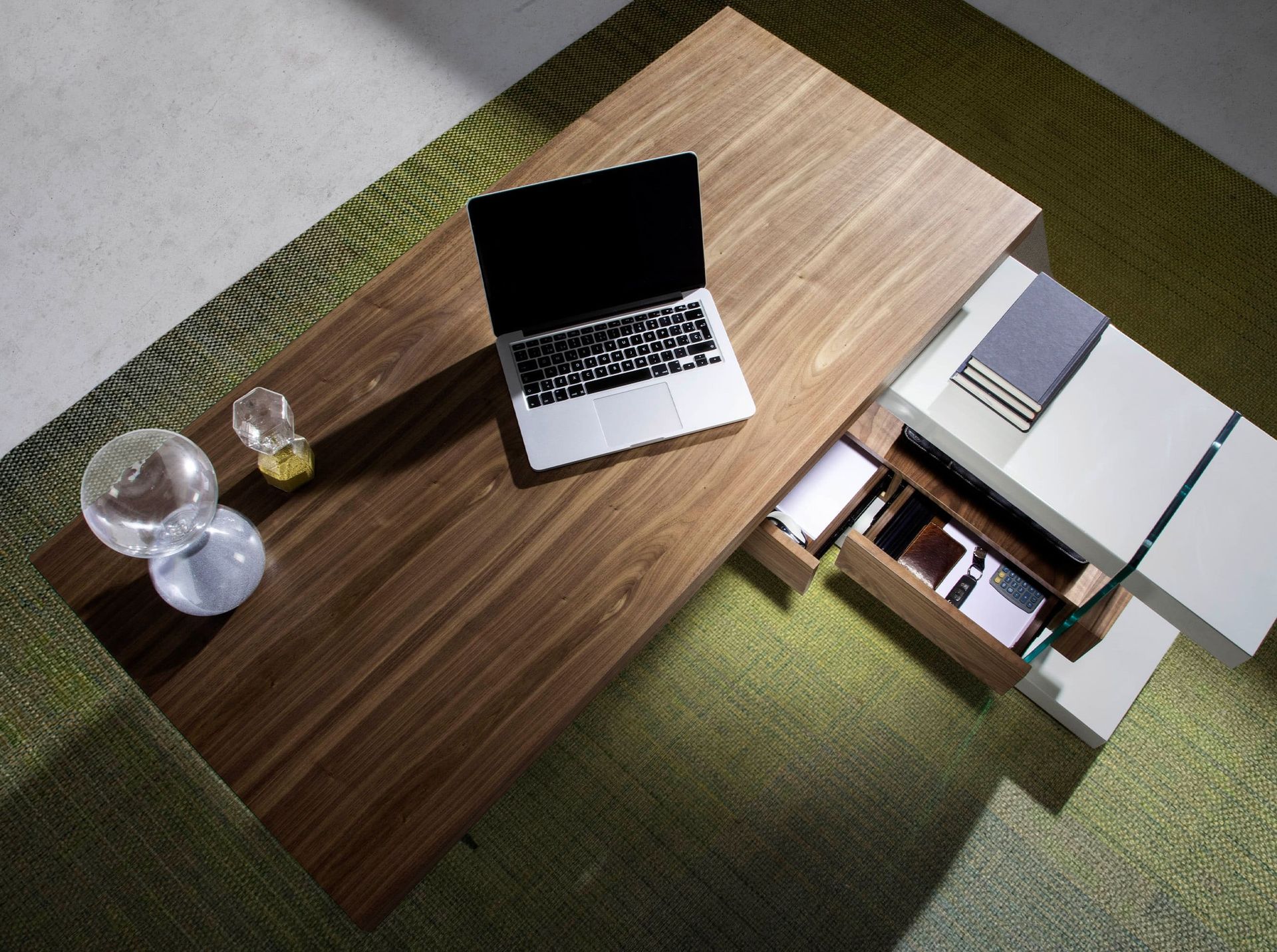 Grey wood and tempered glass writing desk with walnut top