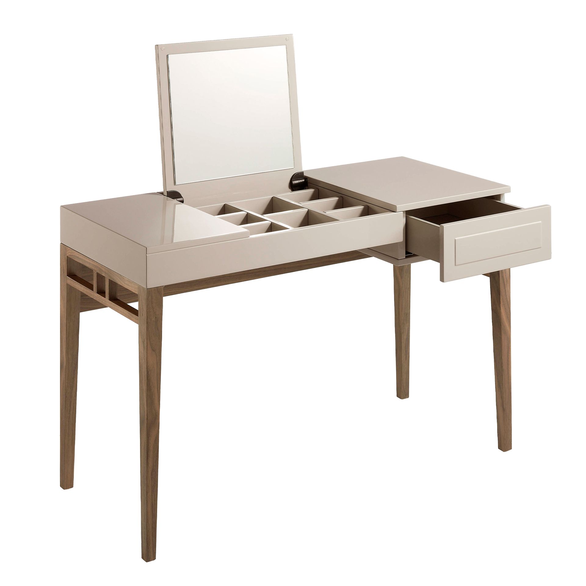 Grey wood and walnut dressing table with mirror