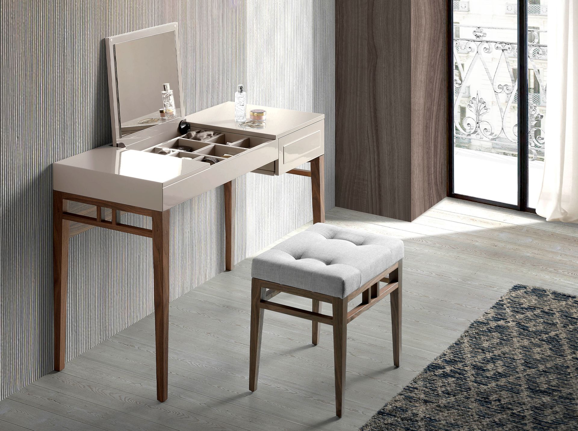 Grey wood and walnut dressing table with mirror