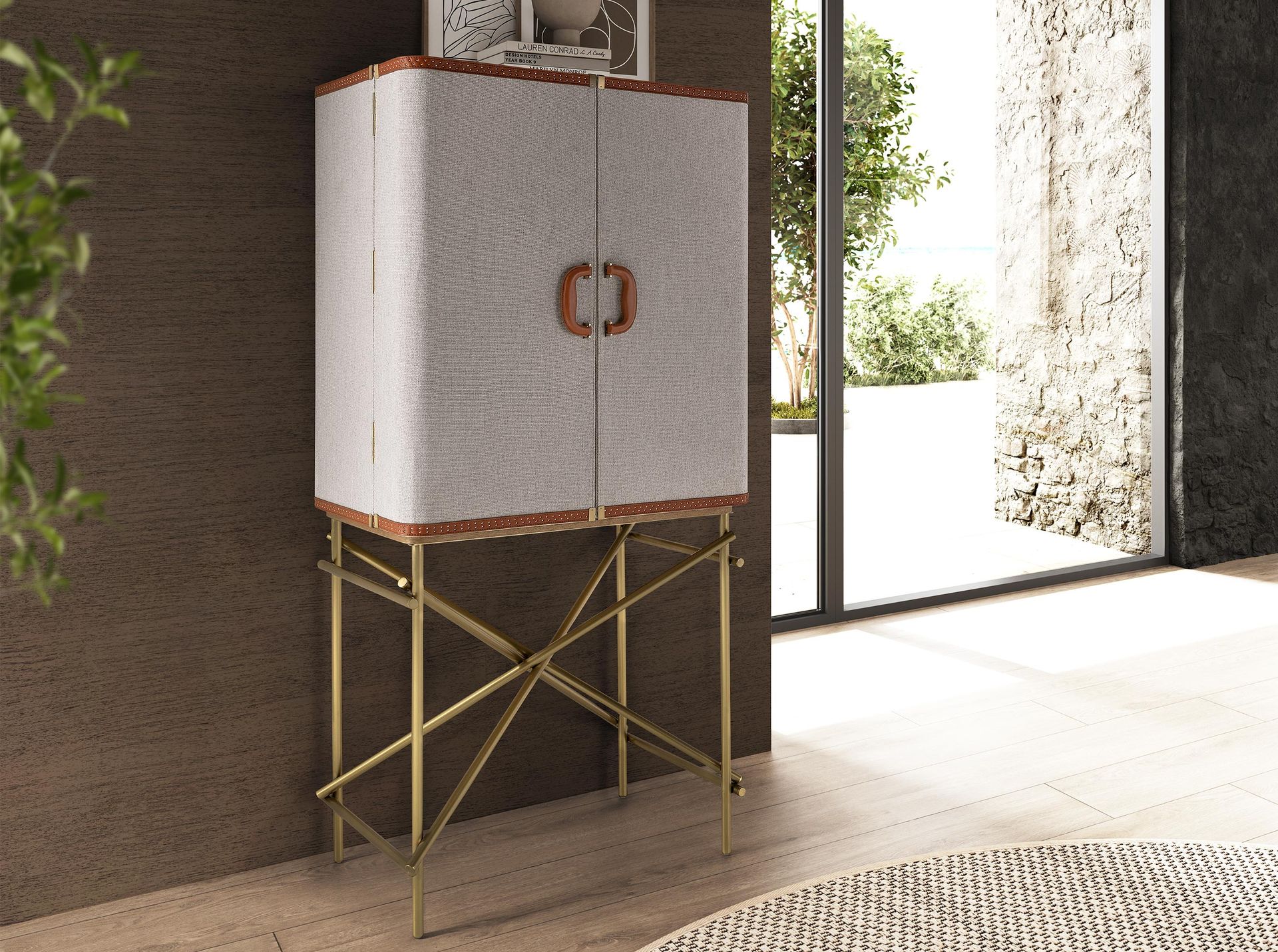 Hill sideboard in fabric, walnut and golden polished steel