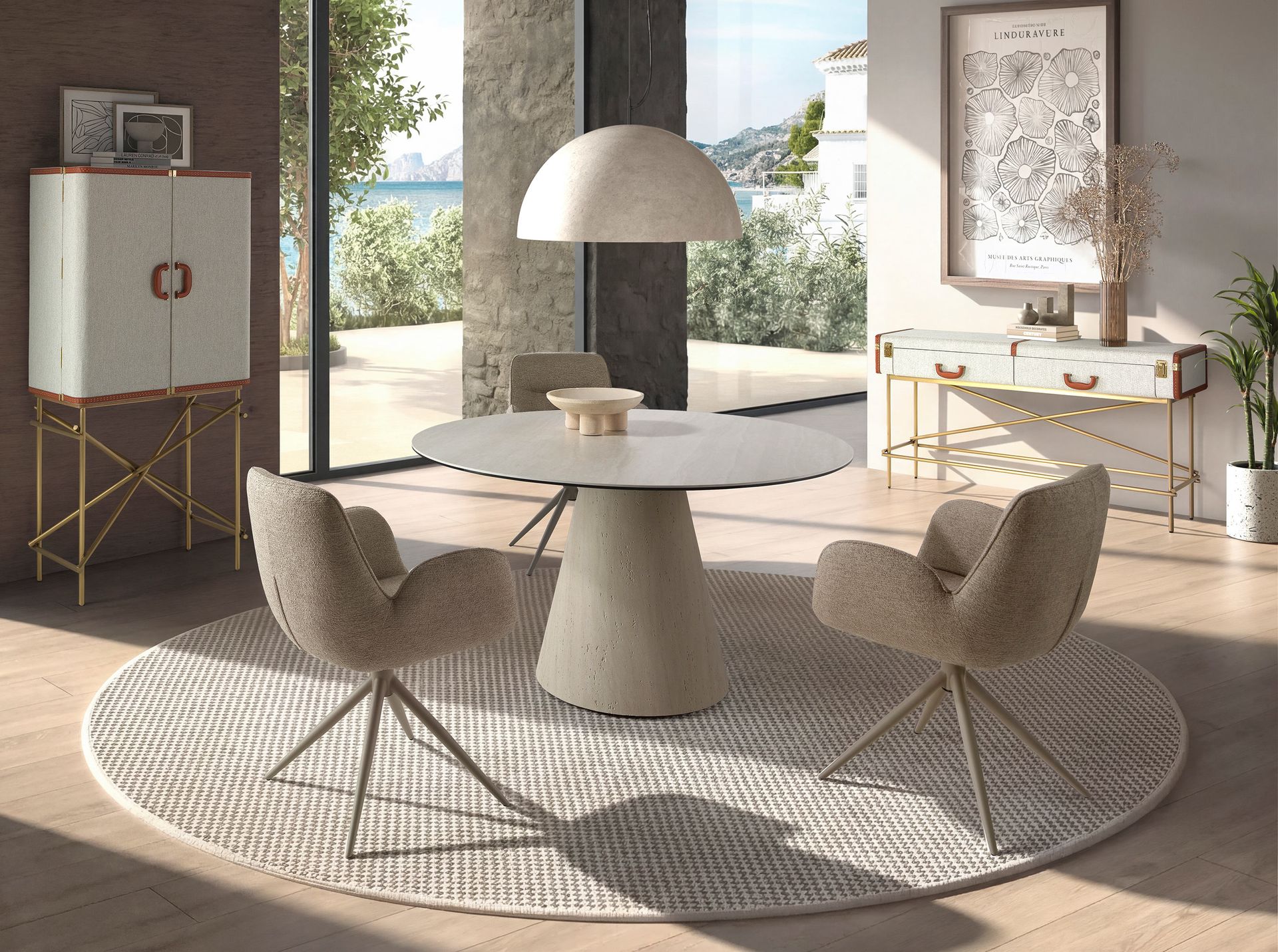 Hill sideboard in fabric, walnut and golden polished steel