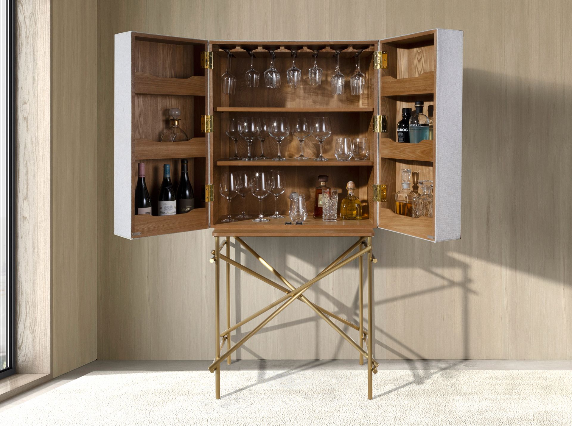 Hill sideboard in fabric, walnut and golden polished steel
