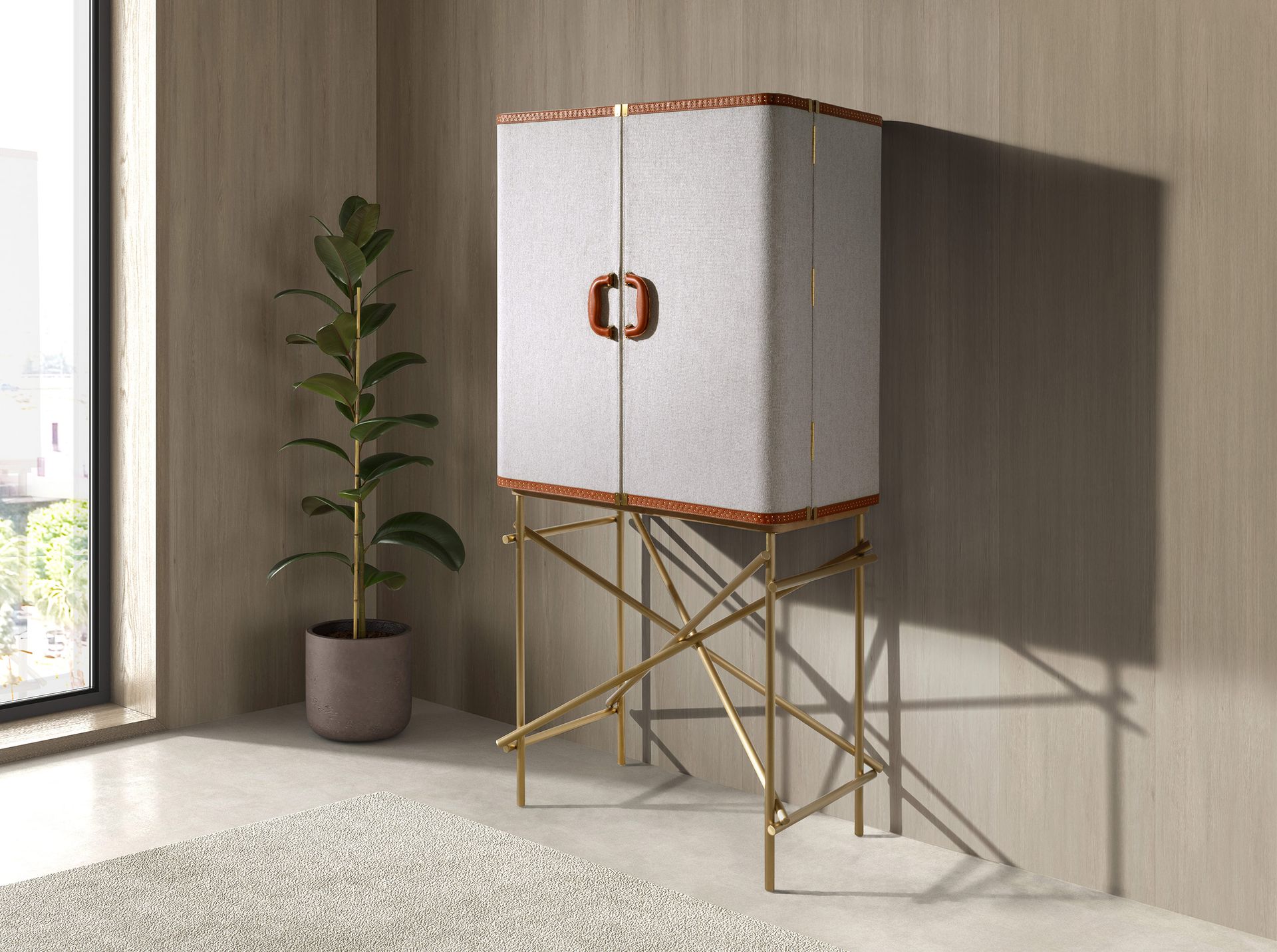 Hill sideboard in fabric, walnut and golden polished steel
