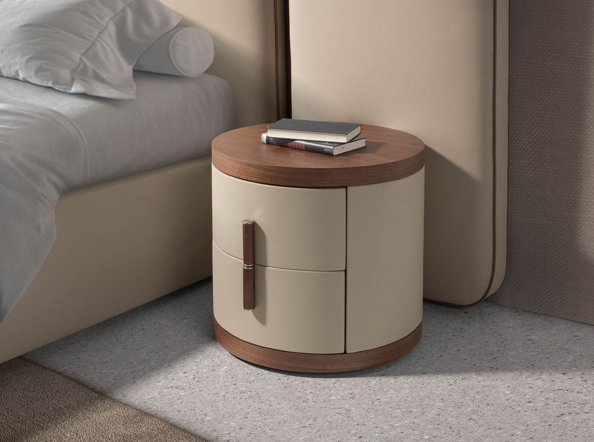 Leatherette and walnut bedside table