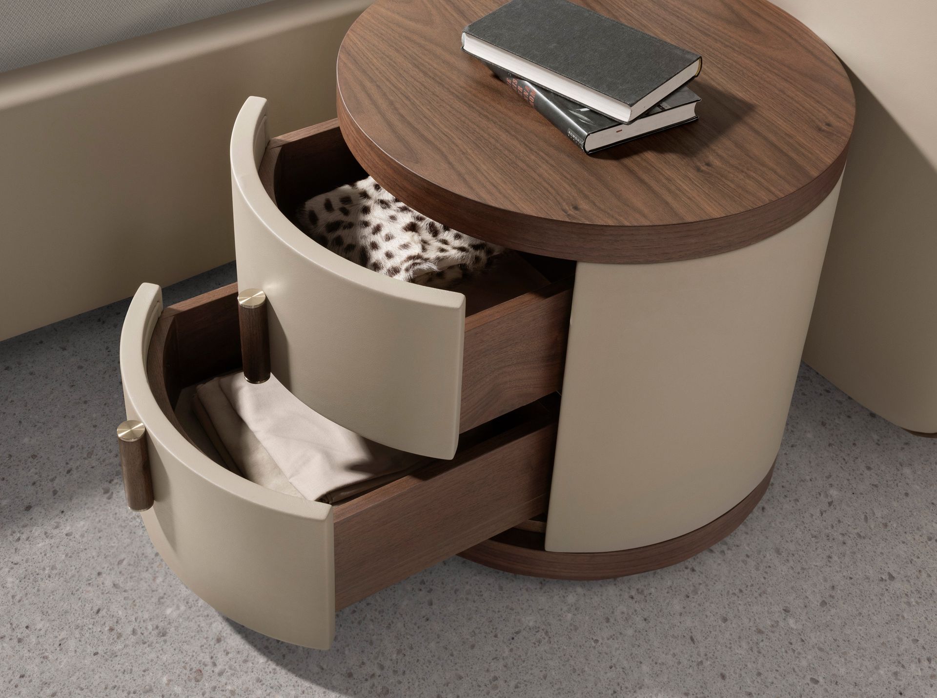 Leatherette and walnut bedside table