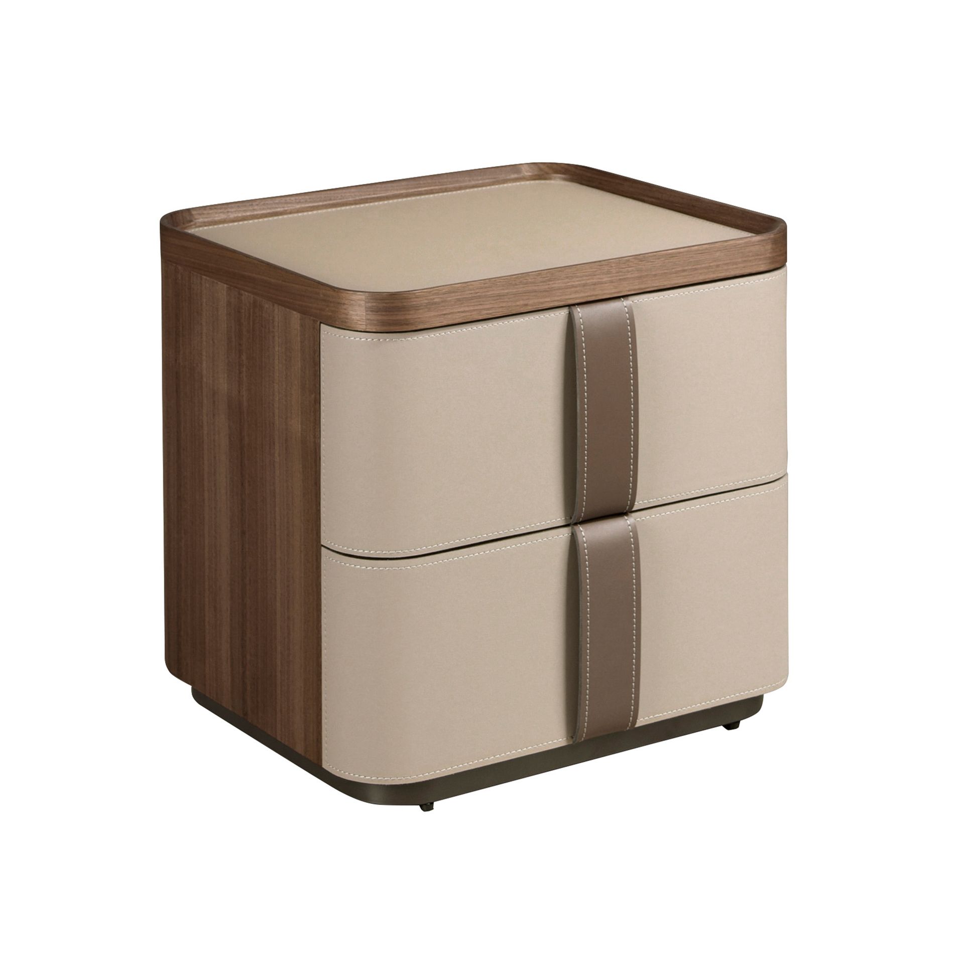 Leatherette bedside table, walnut and polished steel base