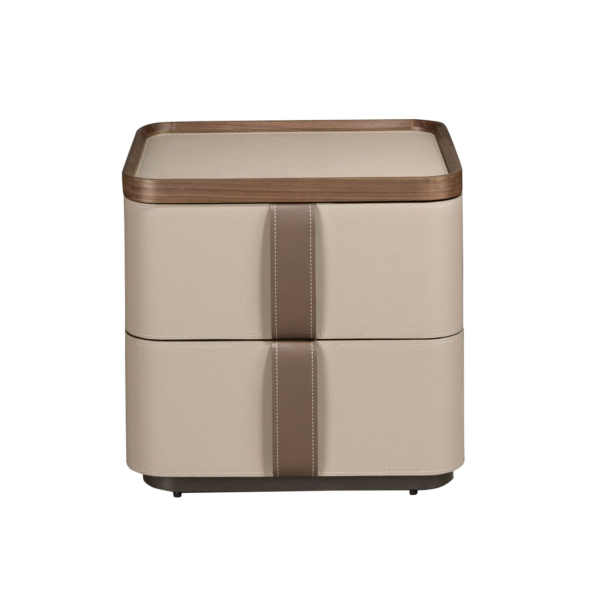 Leatherette bedside table, walnut and polished steel base